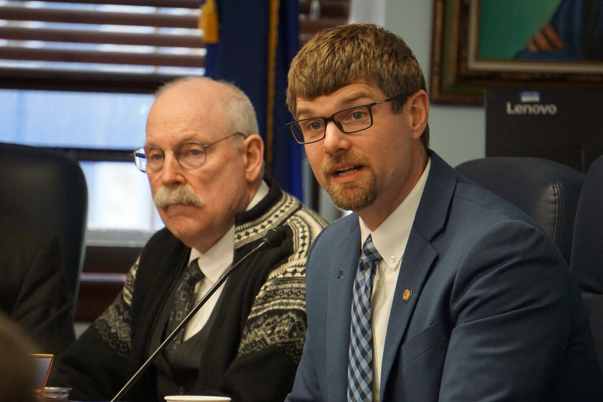 Sen. Jesse Bjorkman, R-Nikiski, speaks during a March 19 news conference. Next to him is Sen. Bert Stedman, R-Sitka, a co-chair of the Senate Finance Committee. (Yereth Rosen/Alaska Beacon)