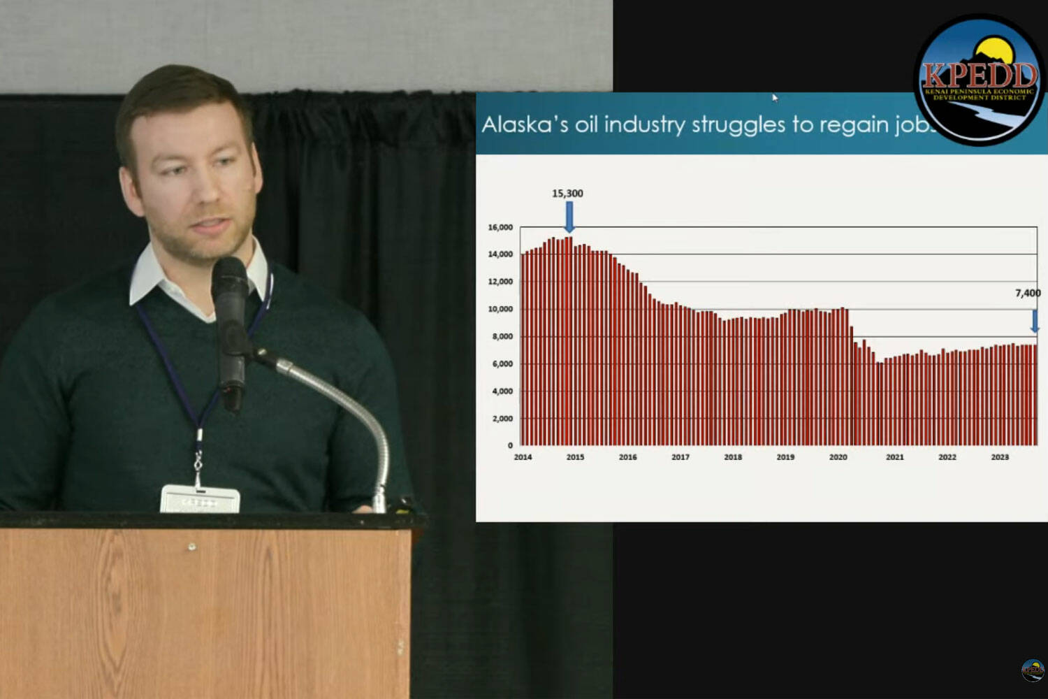 Economist Sam Tappen shares insights about job and economic trends in Alaska and on the Kenai Peninsula during the Kenai Peninsula Economic Development District’s Industry Outlook Forum at Soldotna Regional Sports Complex in Soldotna, Alaska, on Thursday, April 25, 2024. (screenshot)