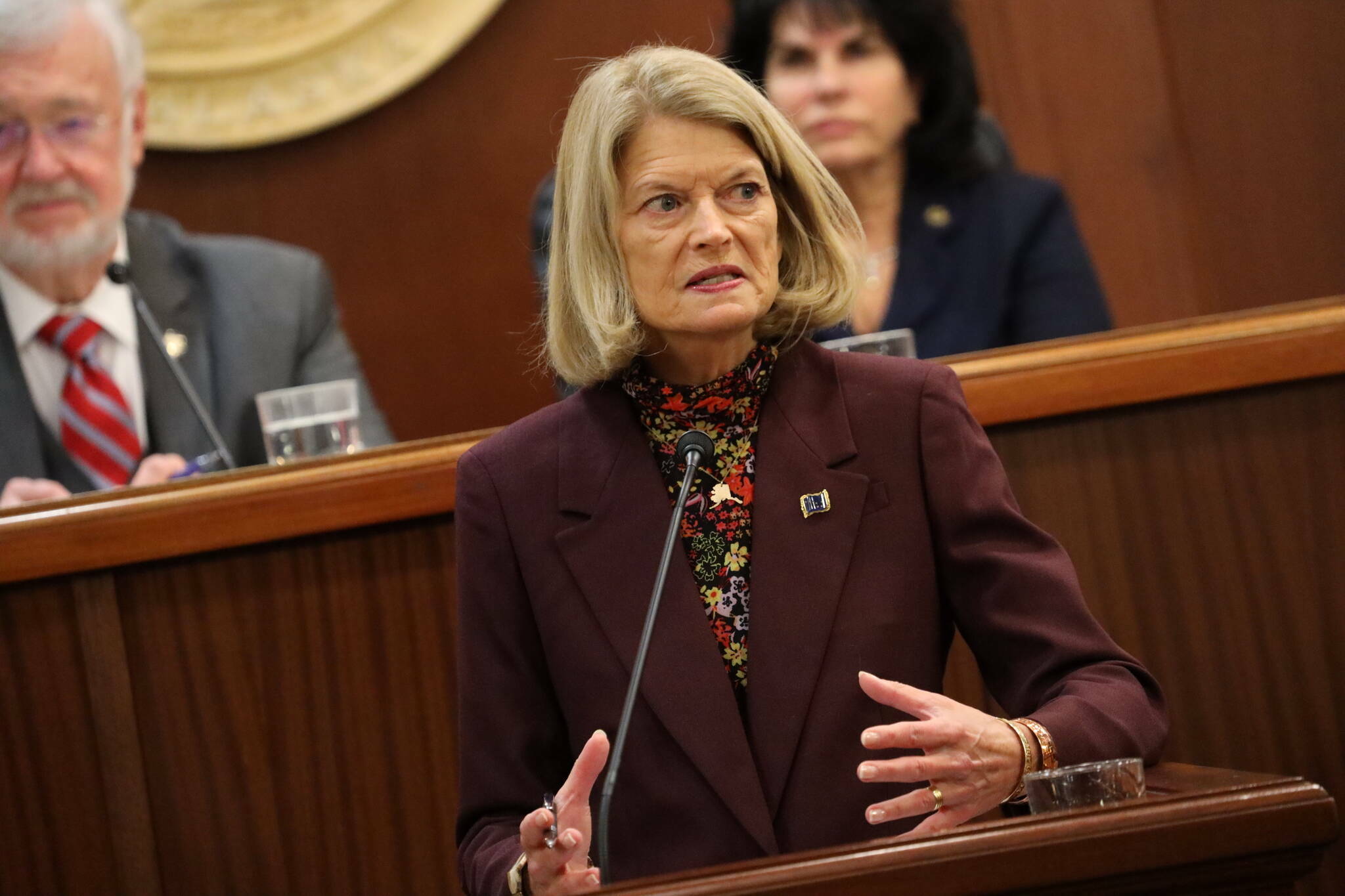 U.S. Sen. Lisa Murkowski addresses the Alaska State Legislature on Feb. 22, 2023. (Clarise Larson / Juneau Empire file photo)