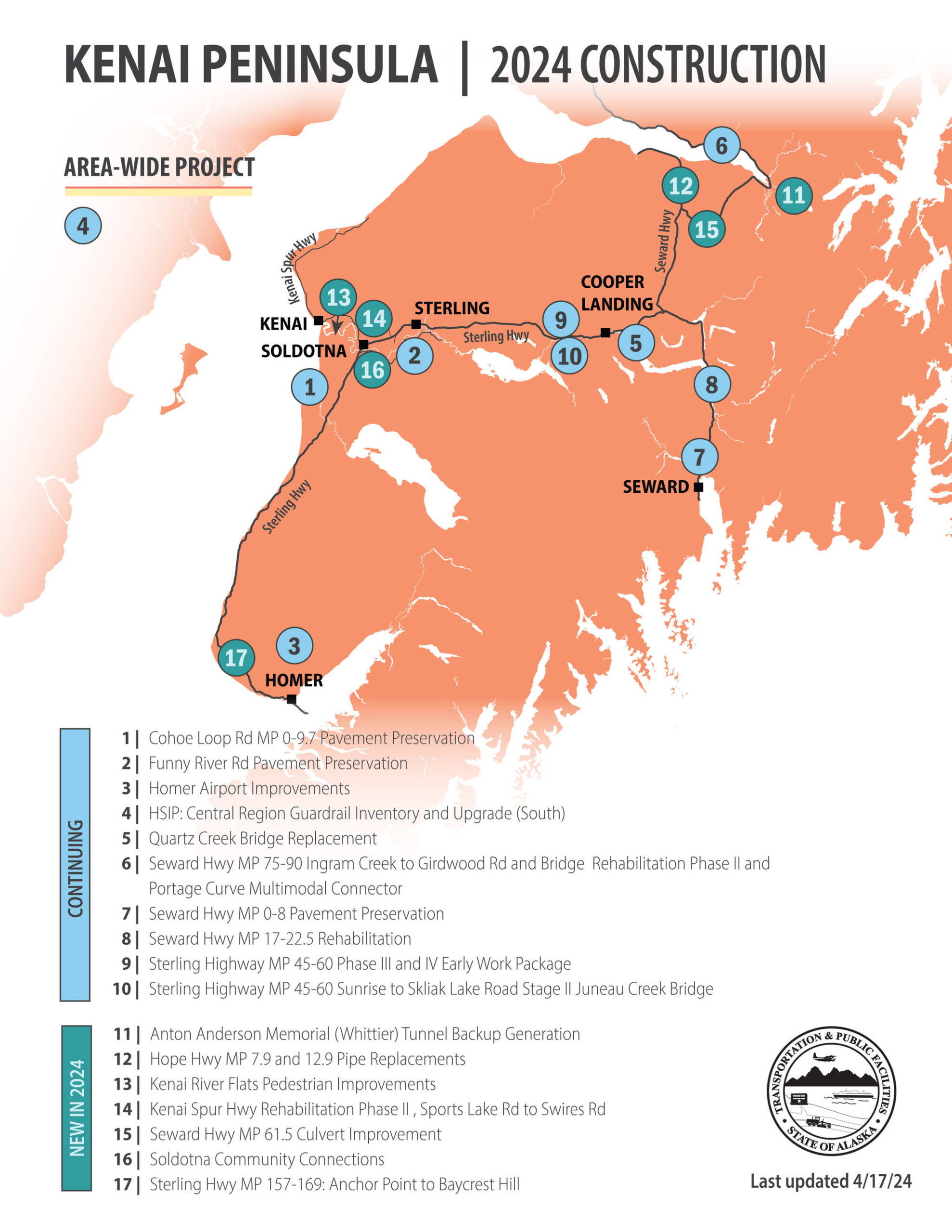 A map shows the locations of 17 State Department of Transportation and Public Facilities projects scheduled on the Kenai Peninsula this year. (Courtesy Alaska Department of Transportation and Public Facilities)