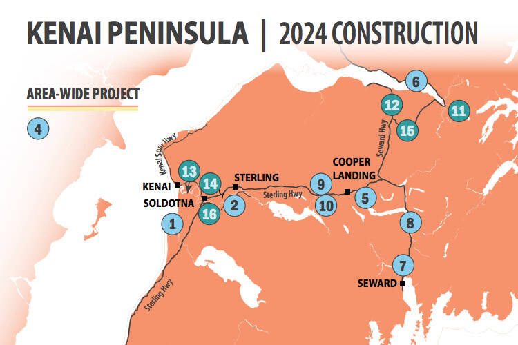 A map shows the locations of 17 State Department of Transportation and Public Facilities projects scheduled on the Kenai Peninsula this year. (Courtesy Alaska Department of Transportation and Public Facilities)