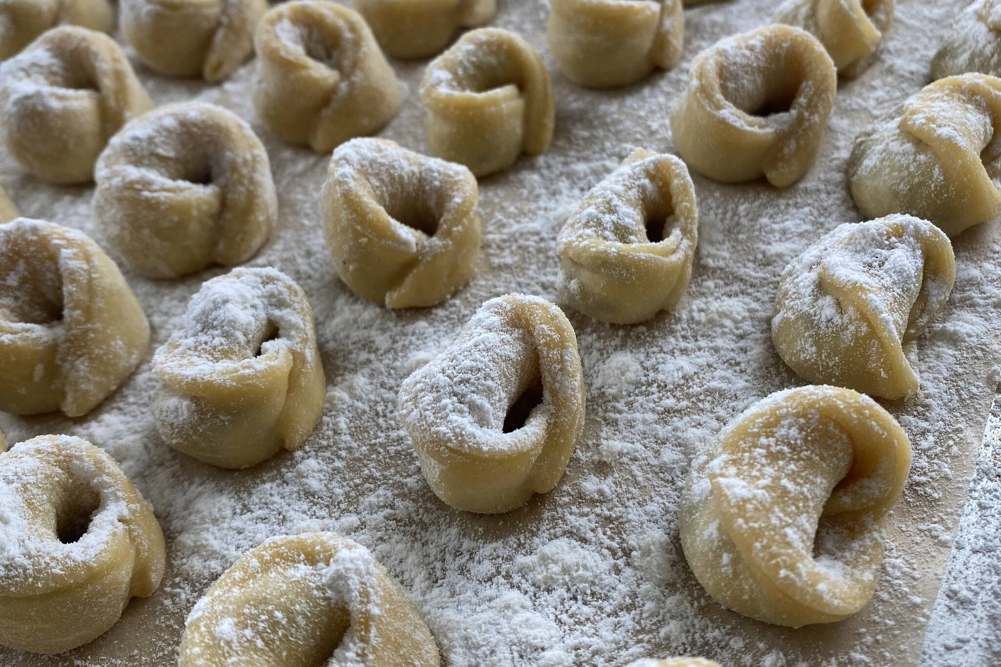 Mushroom and prosciutto tortellini are ready for freezing or boiling. (Photo by Tressa Dale/Peninsula Clarion)