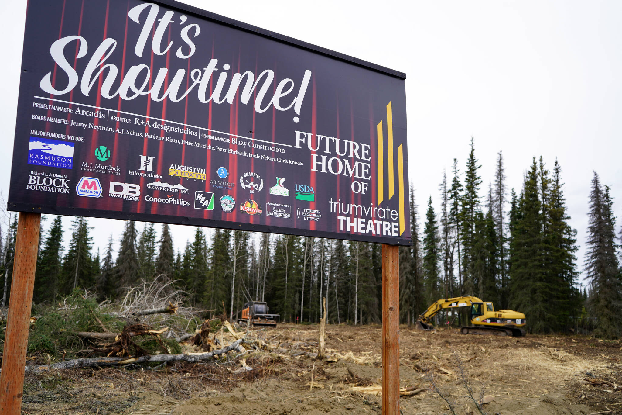 Construction equipment can be seen at the site of the “Future Home of Triumvirate Theatre” in Kenai, Alaska, on Wednesday, May 1, 2024. (Jake Dye/Peninsula Clarion)