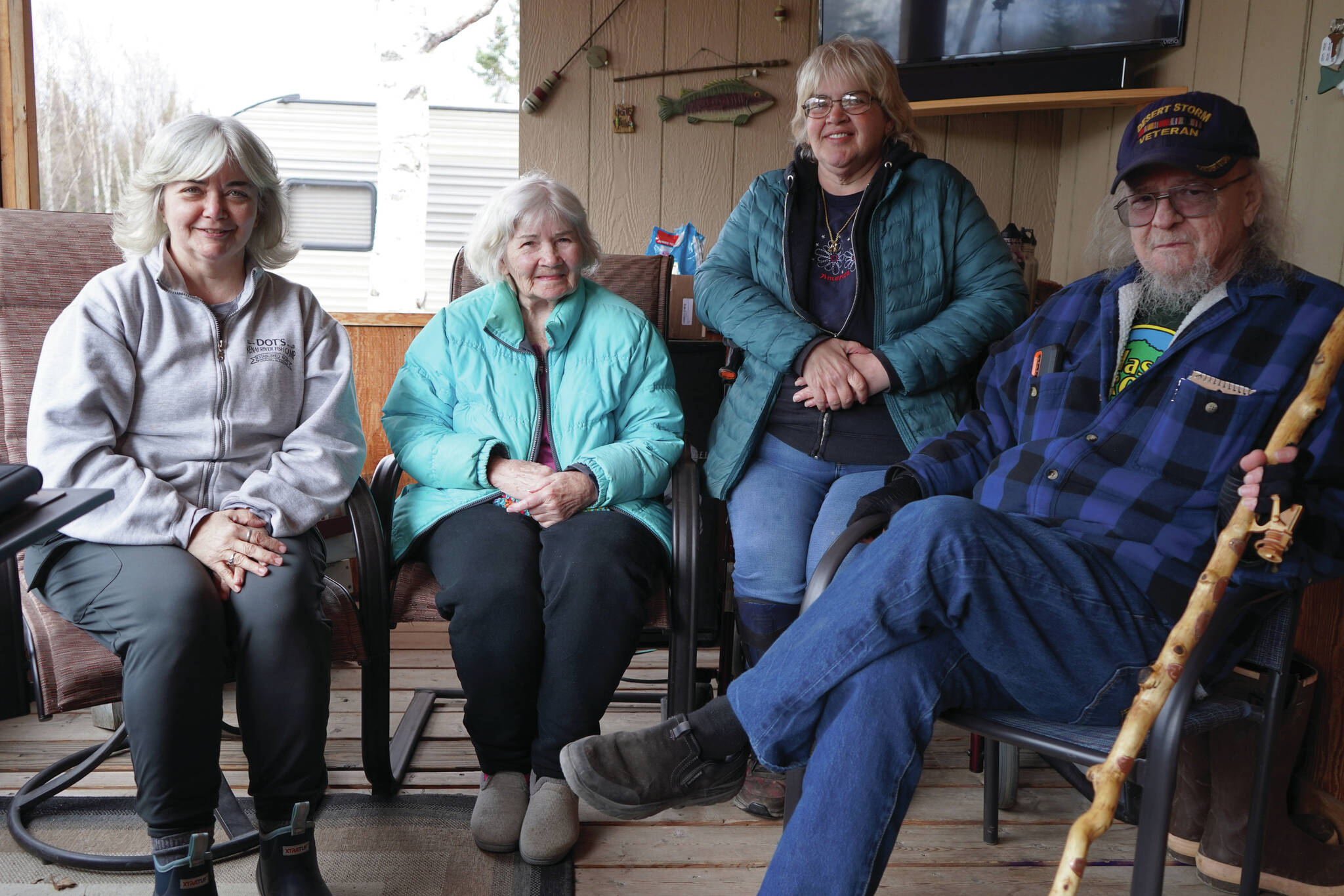 Jake Dye/Peninsula Clarion
From left: Donna Anderson, Betty Stephenson, Sue Stephenson and Eddie Thomas gather for a photo at Dot’s Kenai River Fish Camp in Sterling, on Saturday.
