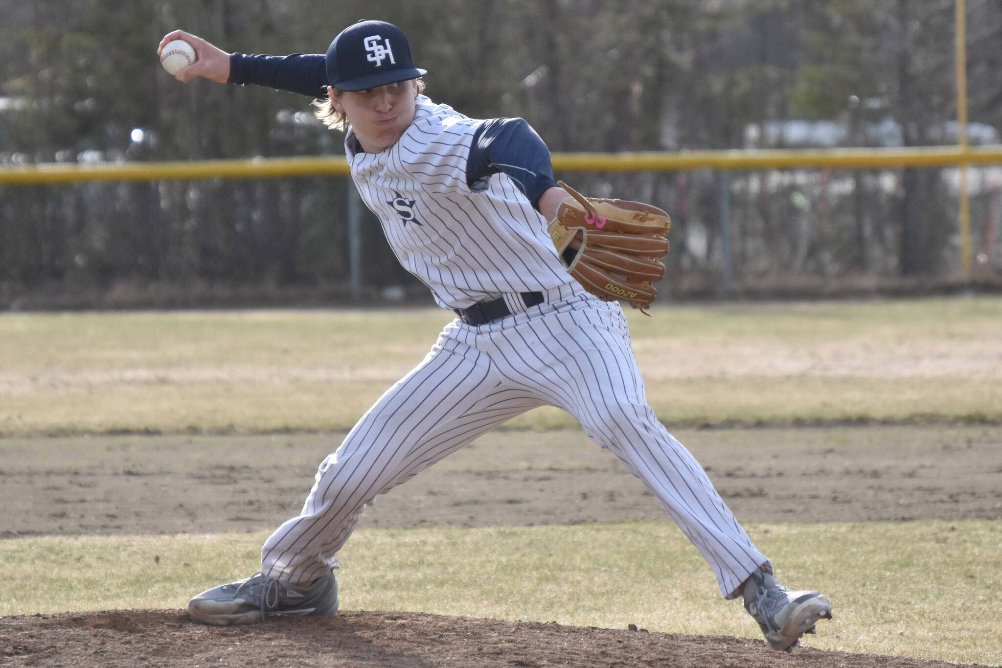 Soldotna pitcher Trenton Ohnemus delivers to Kenai Central on Tuesday, May 7, 2024, at the Soldotna Little League fields in Soldotna, Alaska. (Photo by Jeff Helminiak/Peninsula Clarion)