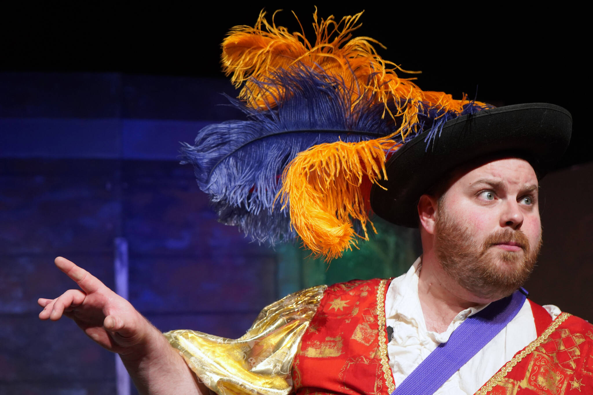 Joe Spady rehearses “Murder at the Renaissance Faire” at the Kenai Performers’ Theater in Soldotna, Alaska, on Wednesday, May 8, 2024. (Jake Dye/Peninsula Clarion)