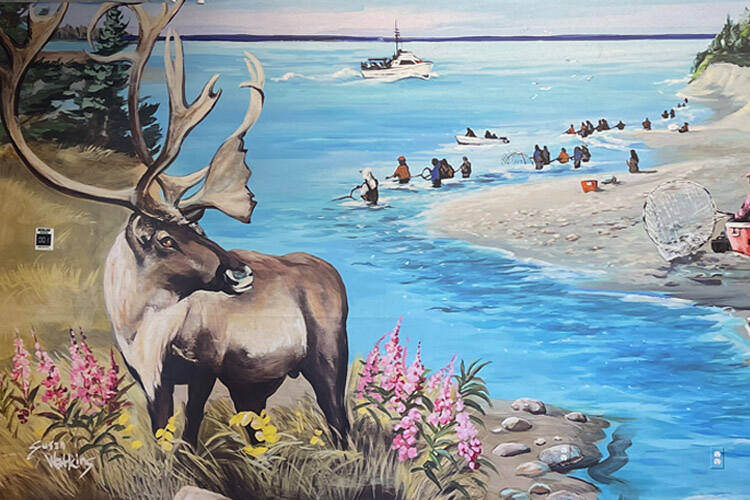 A mural depicting imagery and iconography of Kenai brightens the entryway of the Walmart in Kenai, Alaska, on Wednesday, May 15, 2024. (Jake Dye/Peninsula Clarion)