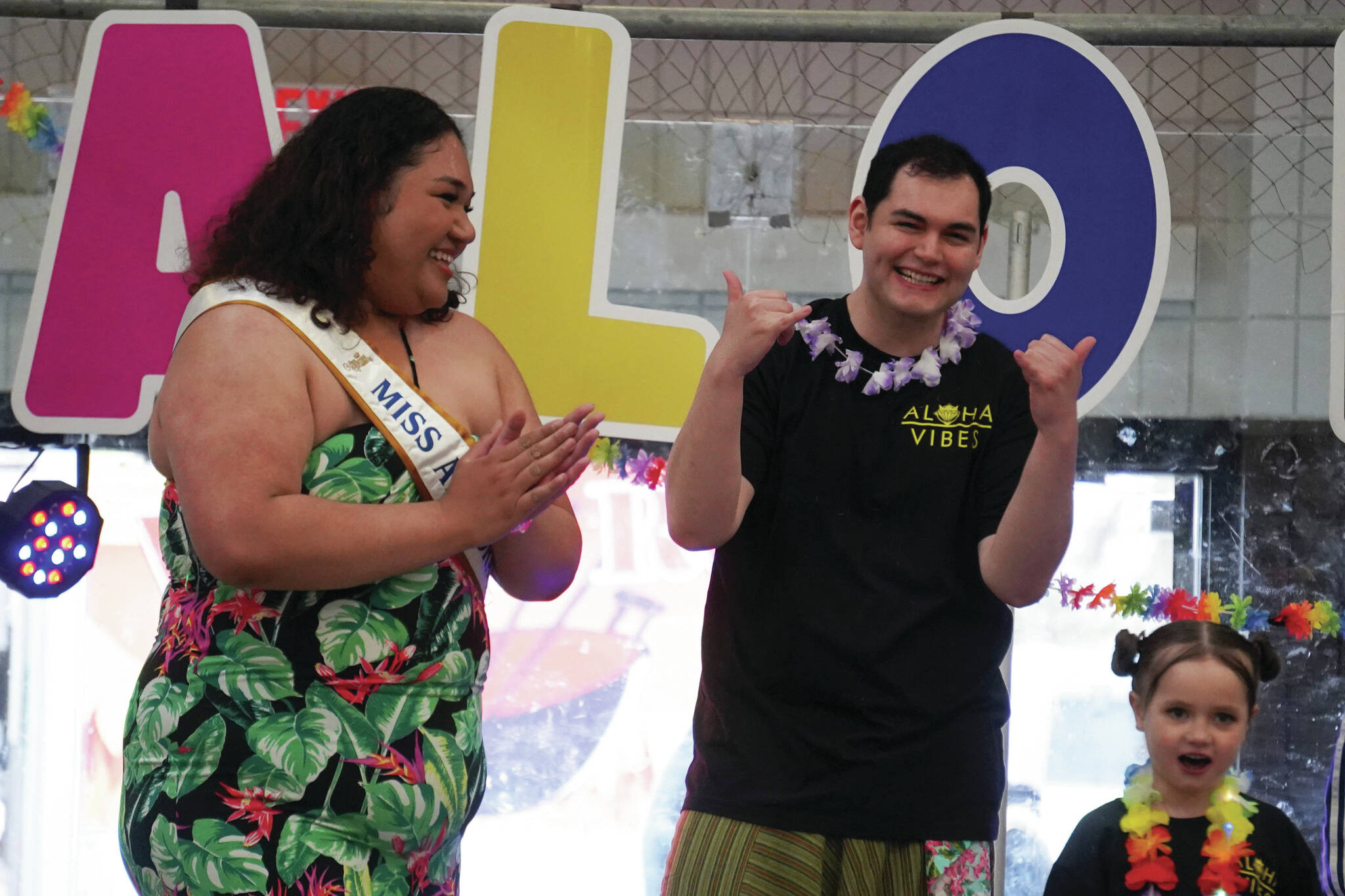 The Ladies of the Pacific lead a hula demonstration as part of Aloha Vibes at the Soldotna Regional Sports Complex on Saturday. (Jake Dye/Peninsula Clarion)