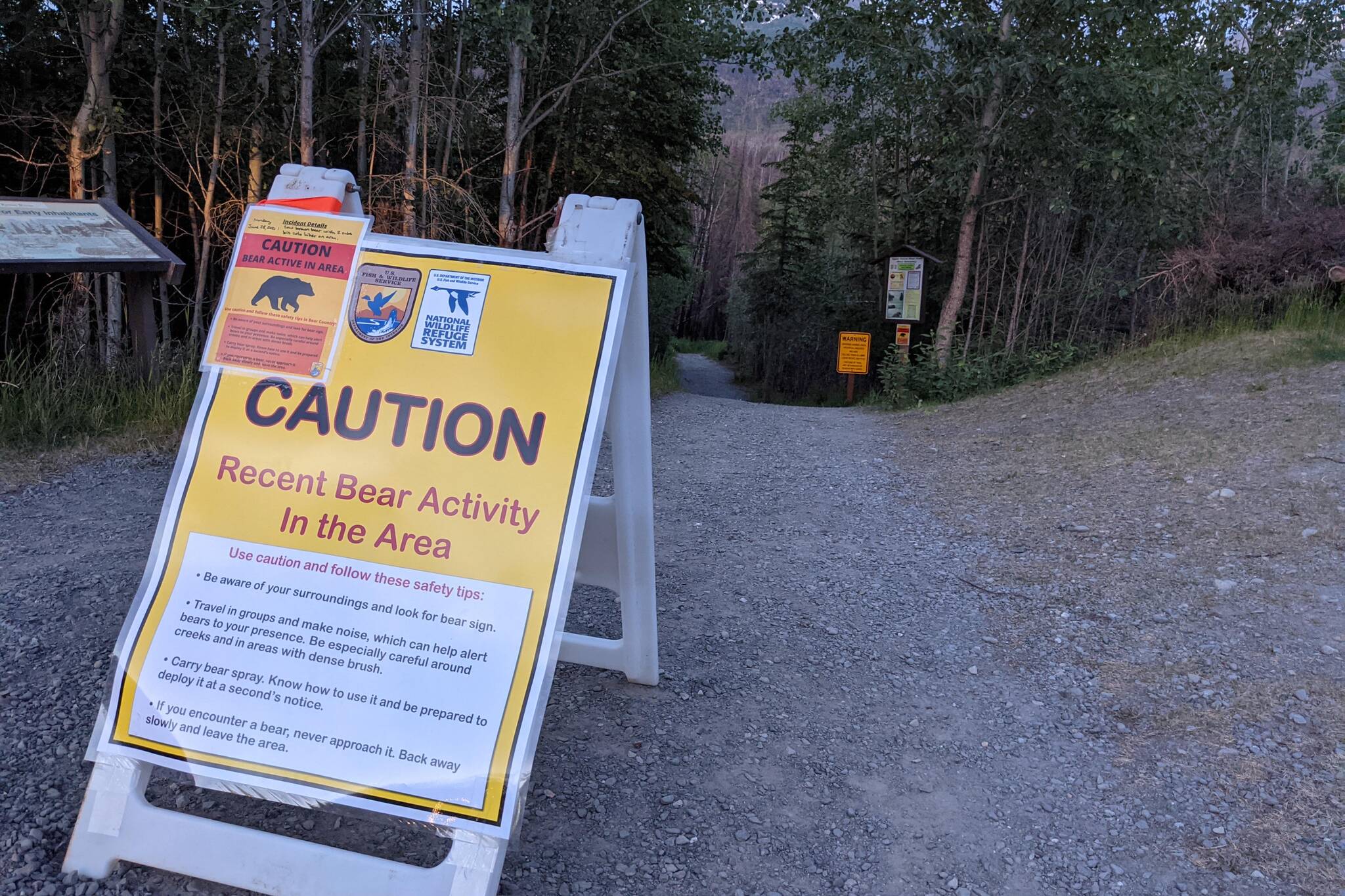 A sign warning of a June 28, 2021, bear attack is placed at the head of the Kenai River Trail on Skilak Loop Road in the Kenai National Wildlife Refuge on June 30, 2021. (Photo by Erin Thompson/Peninsula Clarion)