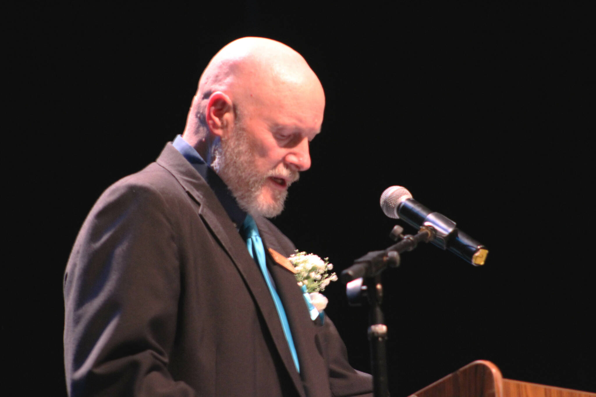 Connections Homeschool Principal Doug Hayman welcomes attendees to the school’s commencement ceremony on Thursday, May 16, 2024 in Soldotna, Alaska. (Ashlyn O’Hara/Peninsula Clarion)