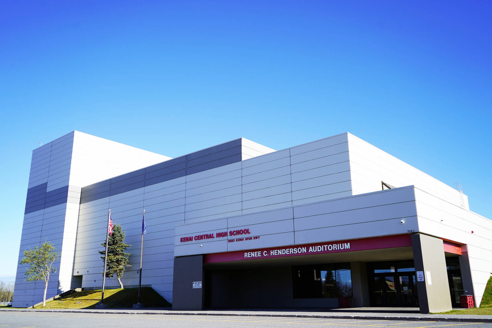 Kenai Central High School stands under clear skies in Kenai, Alaska, on Thursday, May 23, 2024. (Jake Dye/Peninsula Clarion)