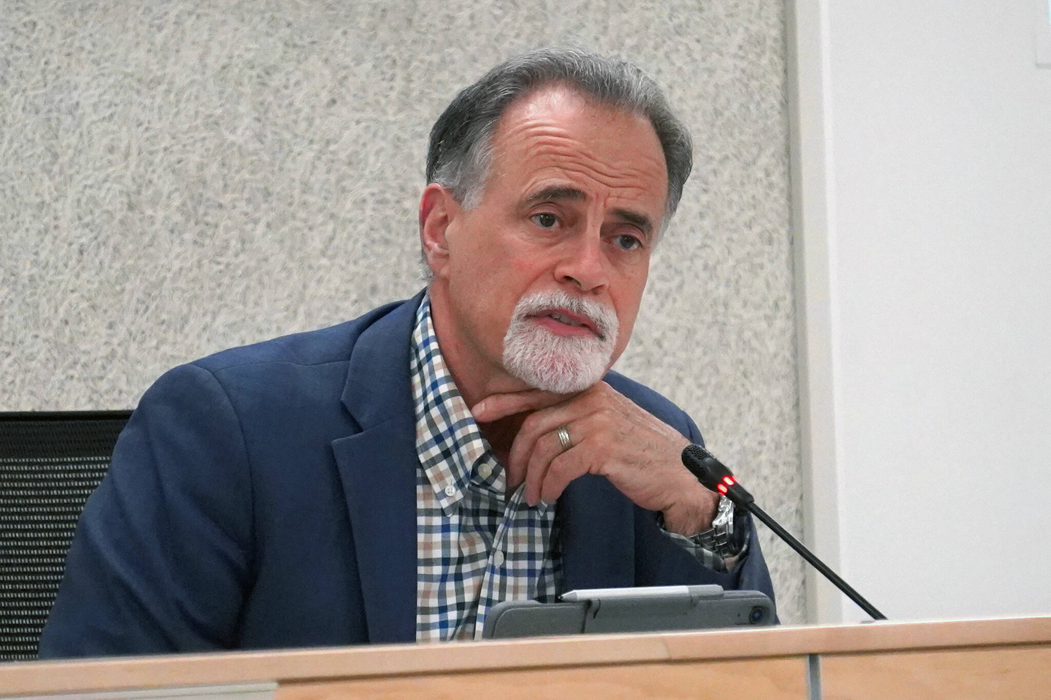 Kenai Peninsula Borough Mayor Peter Micciche speaks during a meeting of the Borough Assembly in Soldotna, Alaska, on Tuesday, May 21, 2024. (Jake Dye/Peninsula Clarion)