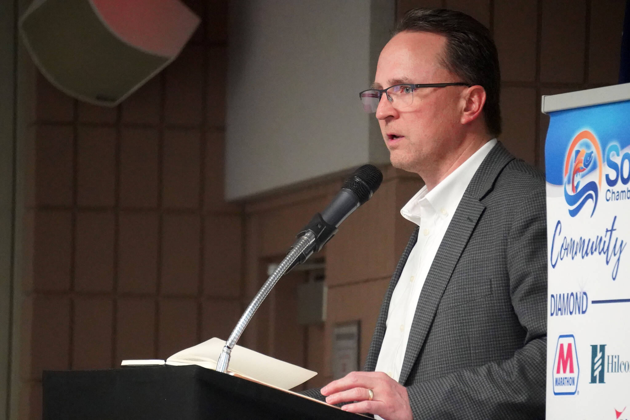 Rep. Ben Carpenter, R-Nikiski, speaks to the joint Soldotna and Kenai chambers of commerce at the Soldotna Regional Sports Complex in Soldotna, Alaska, on Wednesday, May 22, 2024. (Jake Dye/Peninsula Clarion)