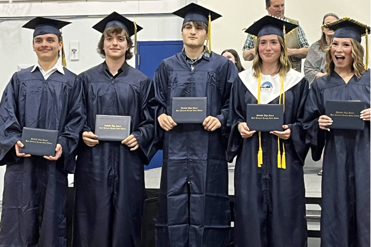 (from left to right) Jachin Sanchez, Carter Lemons, Rowan Mahoney, Adelyn McCorison and Taylor Rickard graduated from Ninilchik School on Monday, May 13, 2024 in Ninilchik, Alaska. Photo provided by Mattea Peters-Williamson