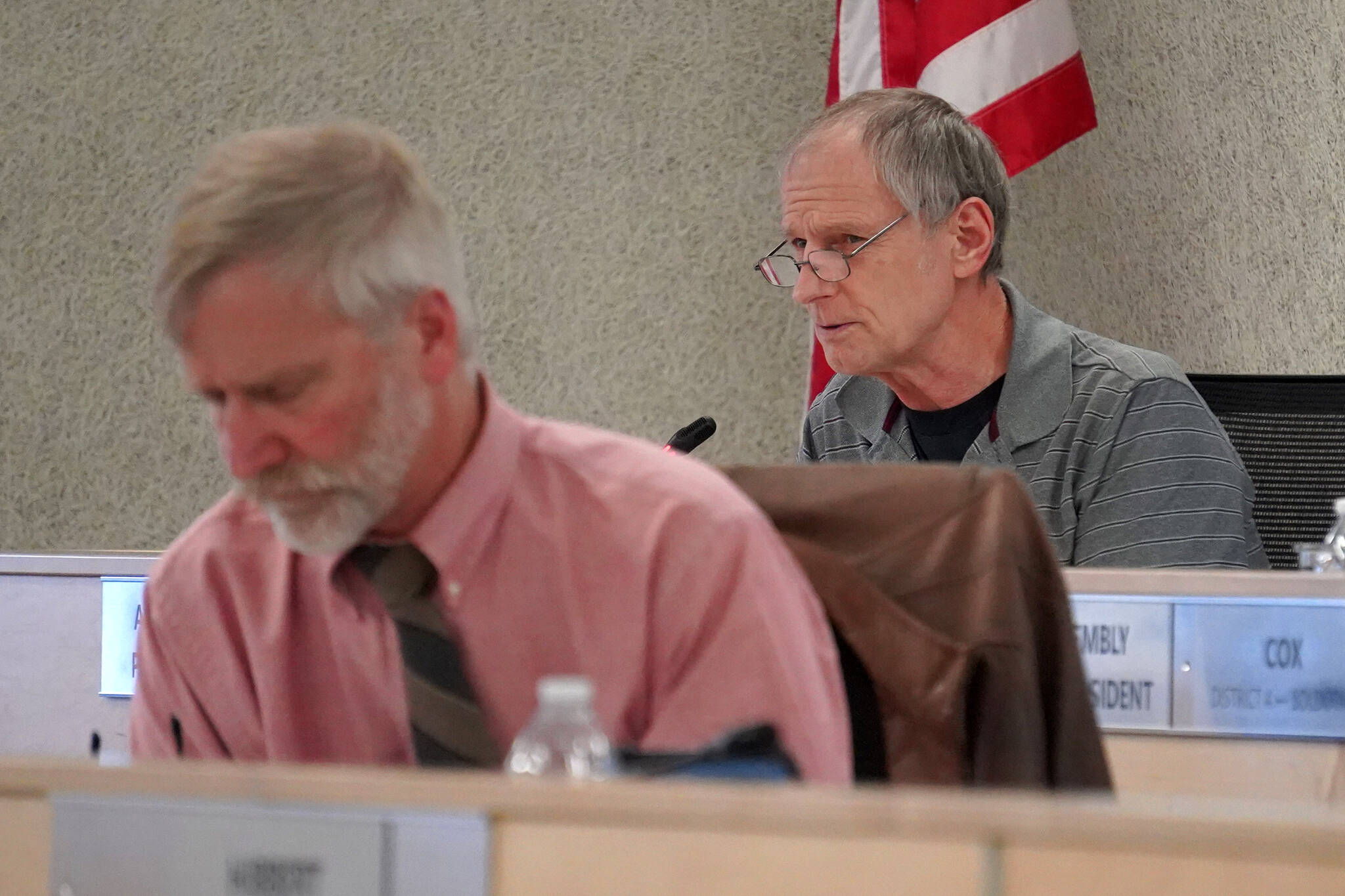 Assembly President Brent Johnson asks questions of representatives of the Kenai Peninsula Borough School District during a joint work session of the School Board and Kenai Peninsula Borough Assembly in Soldotna, Alaska, on Tuesday, April 2, 2024. (Jake Dye/Peninsula Clarion)