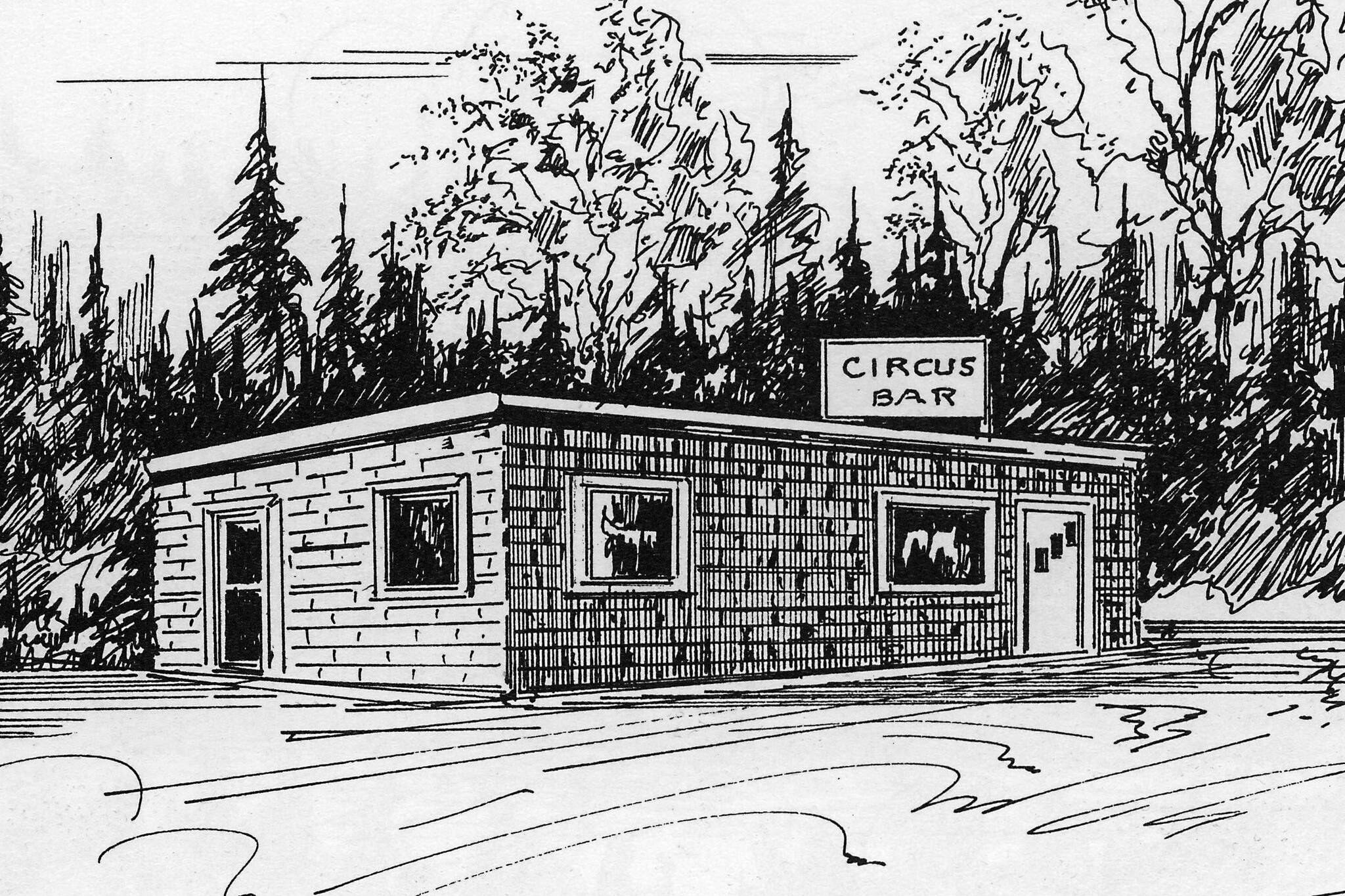 This 1961 drawing of the Circus Bar, east of Soldotna, was created by Connie Silver for a travel guide called Alaska Highway Sketches. The bar was located across the Sterling Highway from land that was later developed into the Birch Ridge Golf Course.