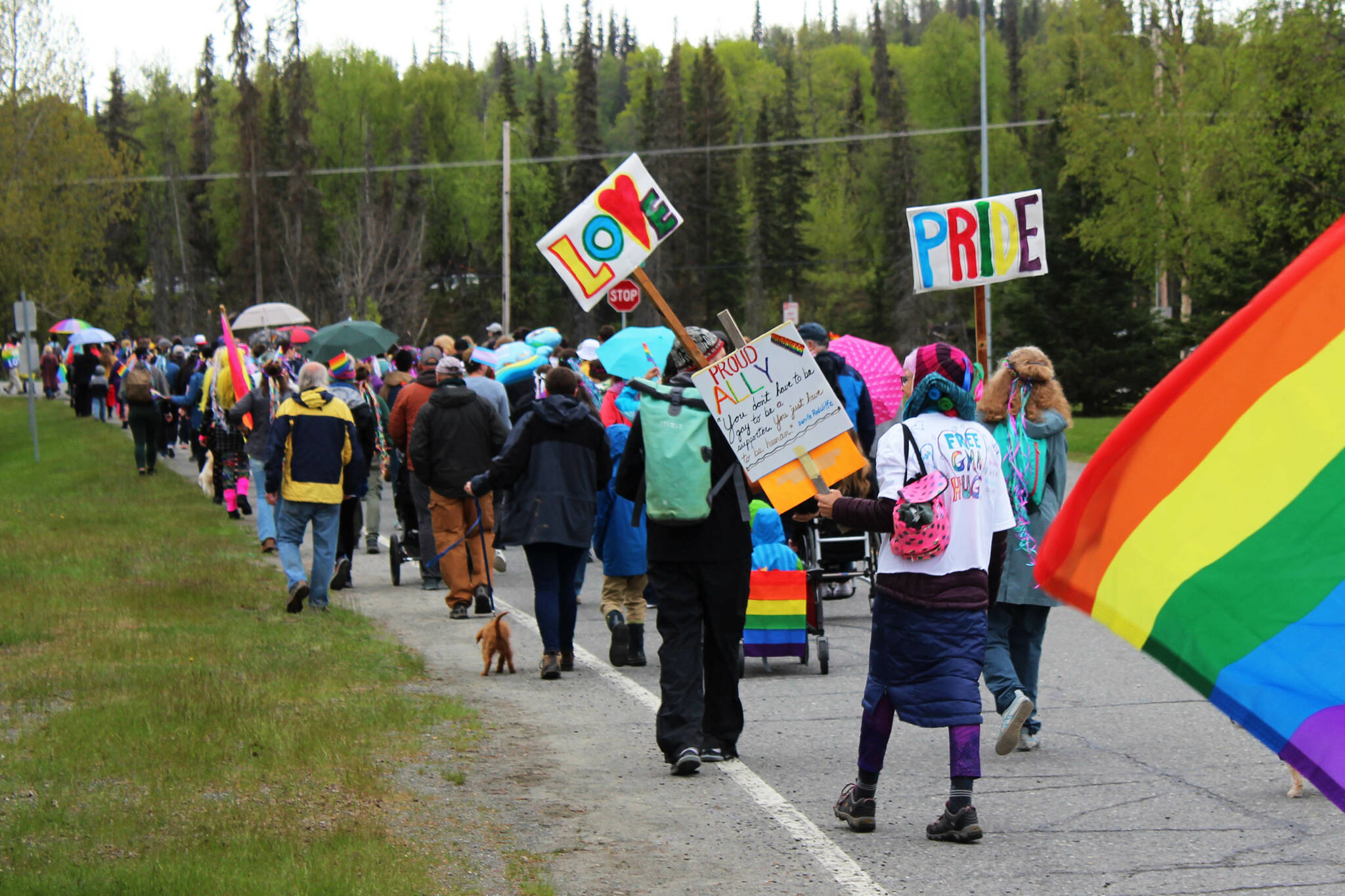 Marchers walk from the Soldotna Regional Sports Complex to Soldotna Creek Park as part of Soldotna Pride in the Park on Saturday, June 3, 2023 in Soldotna, Alaska. (Ashlyn O’Hara/Peninsula Clarion)