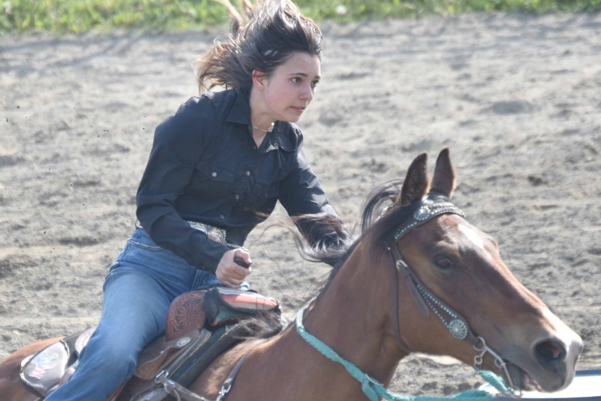 Hayden Eck competes at Barrel Racing on Saturday, June 22, 2024, at the second Soldotna Equestrian Association rodeo of the season at the Soldotna Rodeo Grounds in Soldotna, Alaska. (Photo by Jeff Helminiak/Peninsula Clarion)