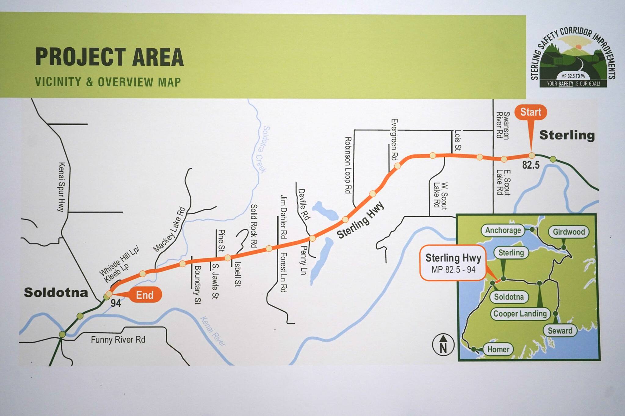A map of the area for the Sterling Safety Corridor Improvements project is displayed during a town hall event at the Sterling Community Center in Sterling, Alaska, on Tuesday, June 25, 2024. (Jake Dye/Peninsula Clarion)