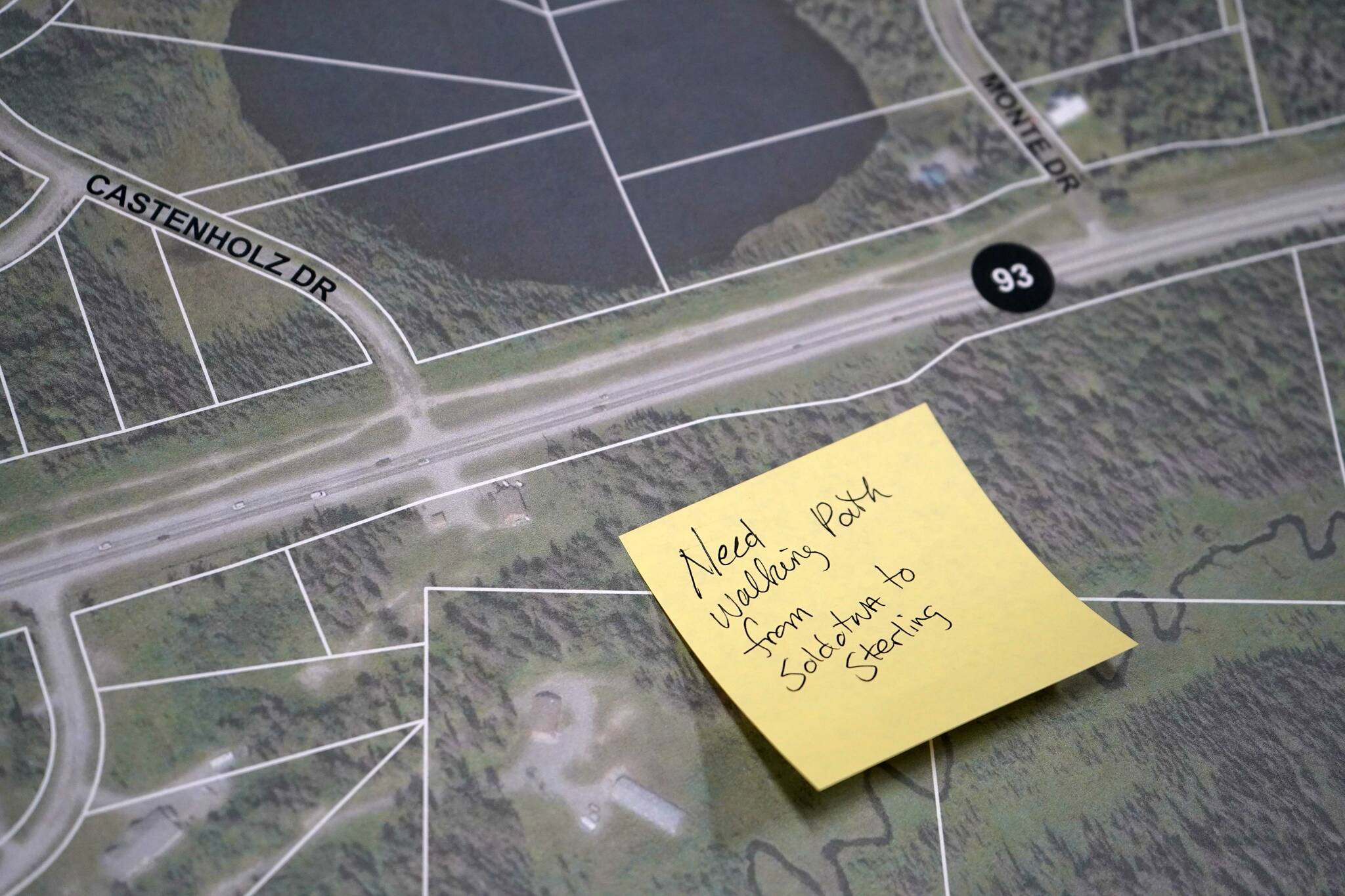 Sticky notes affixed to maps contain attendee feedback for the Sterling Safety Corridor Improvements project during a town hall event at the Sterling Community Center in Sterling, Alaska, on Tuesday, June 25, 2024. (Jake Dye/Peninsula Clarion)