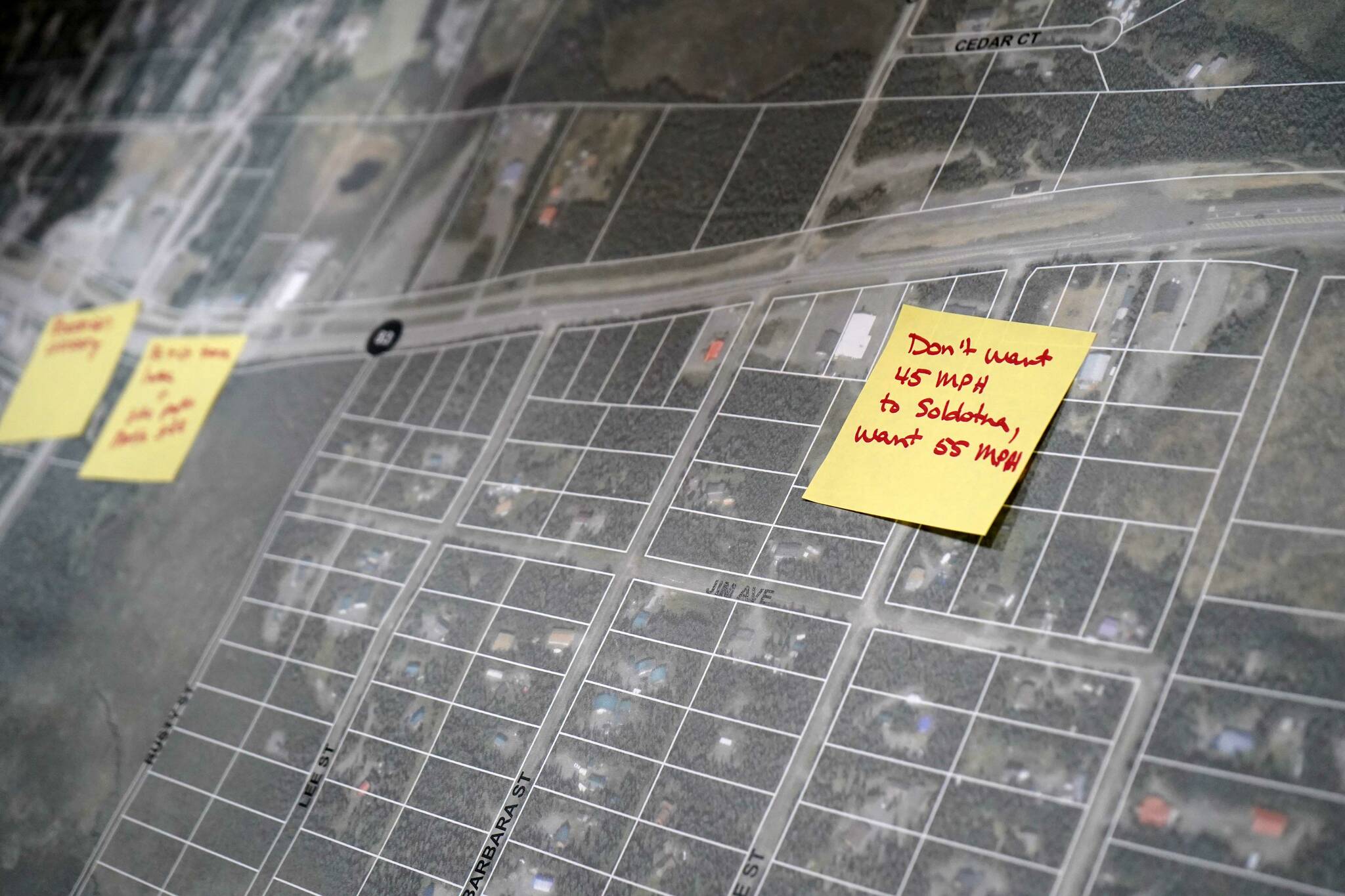 Sticky notes affixed to maps contain attendee feedback for the Sterling Safety Corridor Improvements project during a town hall event at the Sterling Community Center in Sterling, Alaska, on Tuesday, June 25, 2024. (Jake Dye/Peninsula Clarion)
