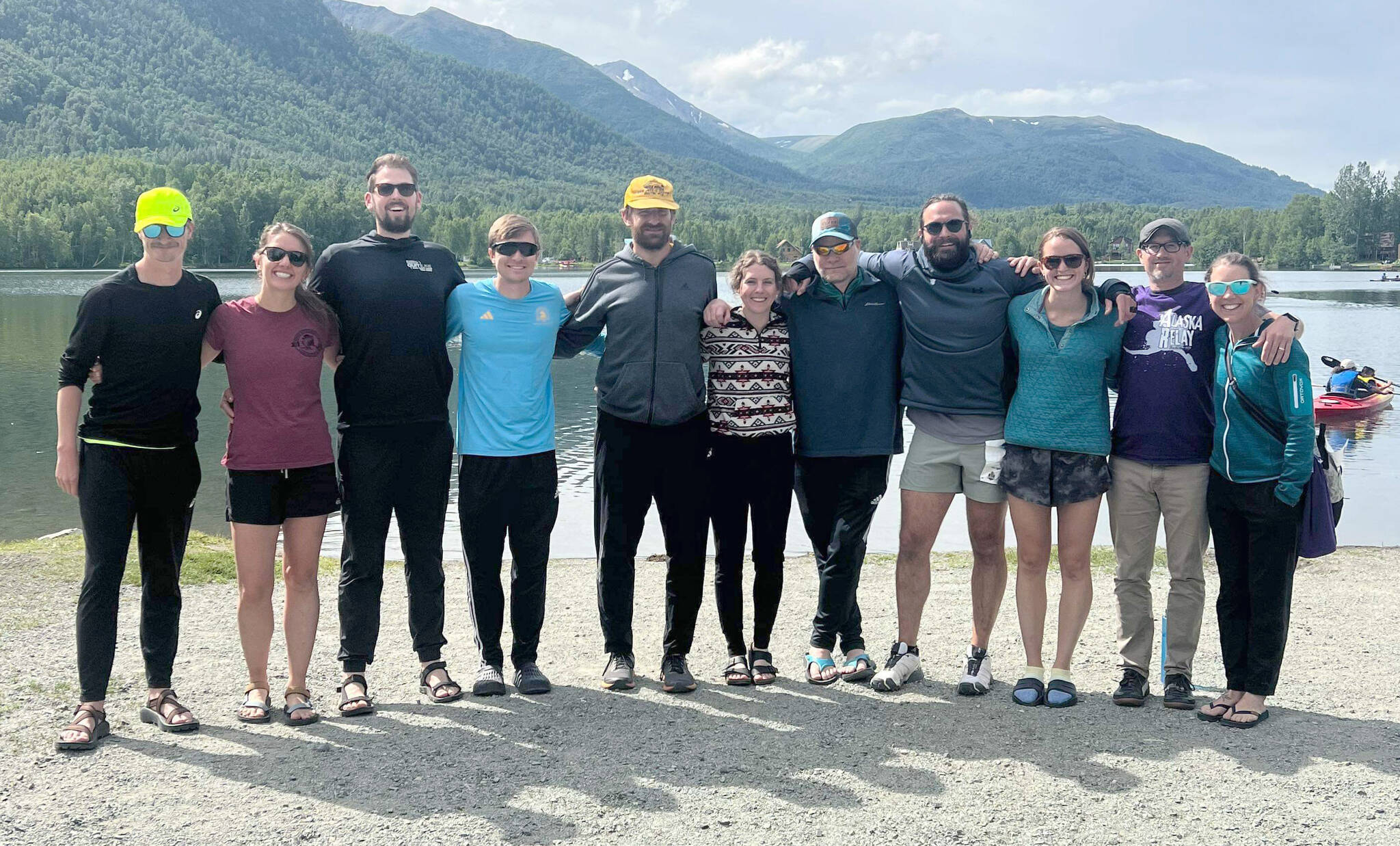 Team Navigationally Challenged won the Alaska Relay on Friday and Saturday, June 28 and 29, 2024. The relays goes from Anchorage to Seward. Left to right, Jacob Marshall, Sarah Huot, Zach Huot, Daniel Serventi, Rustin Hitchcock, Becca Hitchcock, Sean Goff, Patrick Metzger, Anna Metzger, Jake Hill and Kristin Davis. Lee Frey is not pictured.(Photo provided)