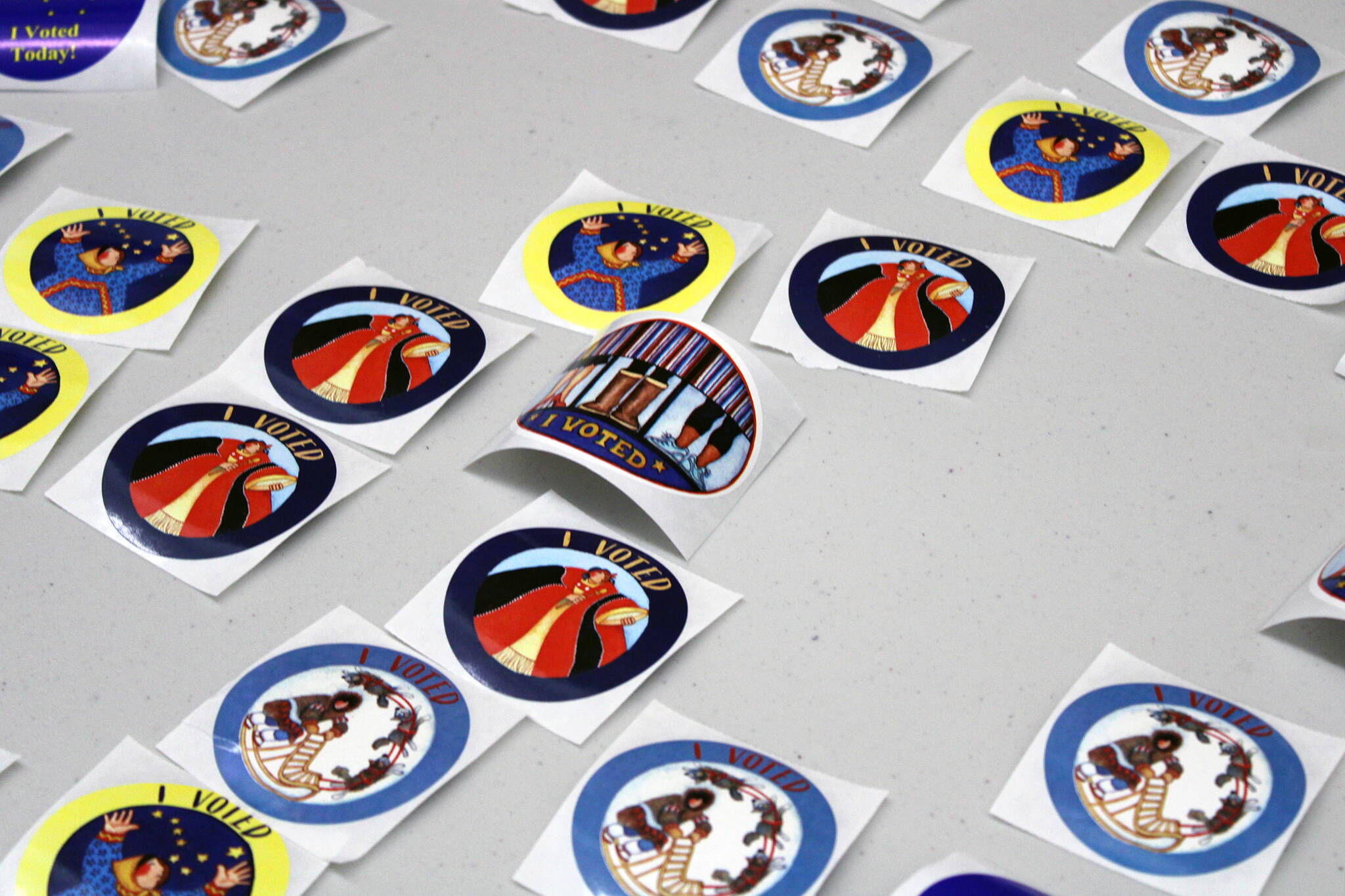 “I Voted” stickers await Alaskan voters during in-person voting at Mendenhall Mall. (Ben Hohenstatt / Juneau Empire File)