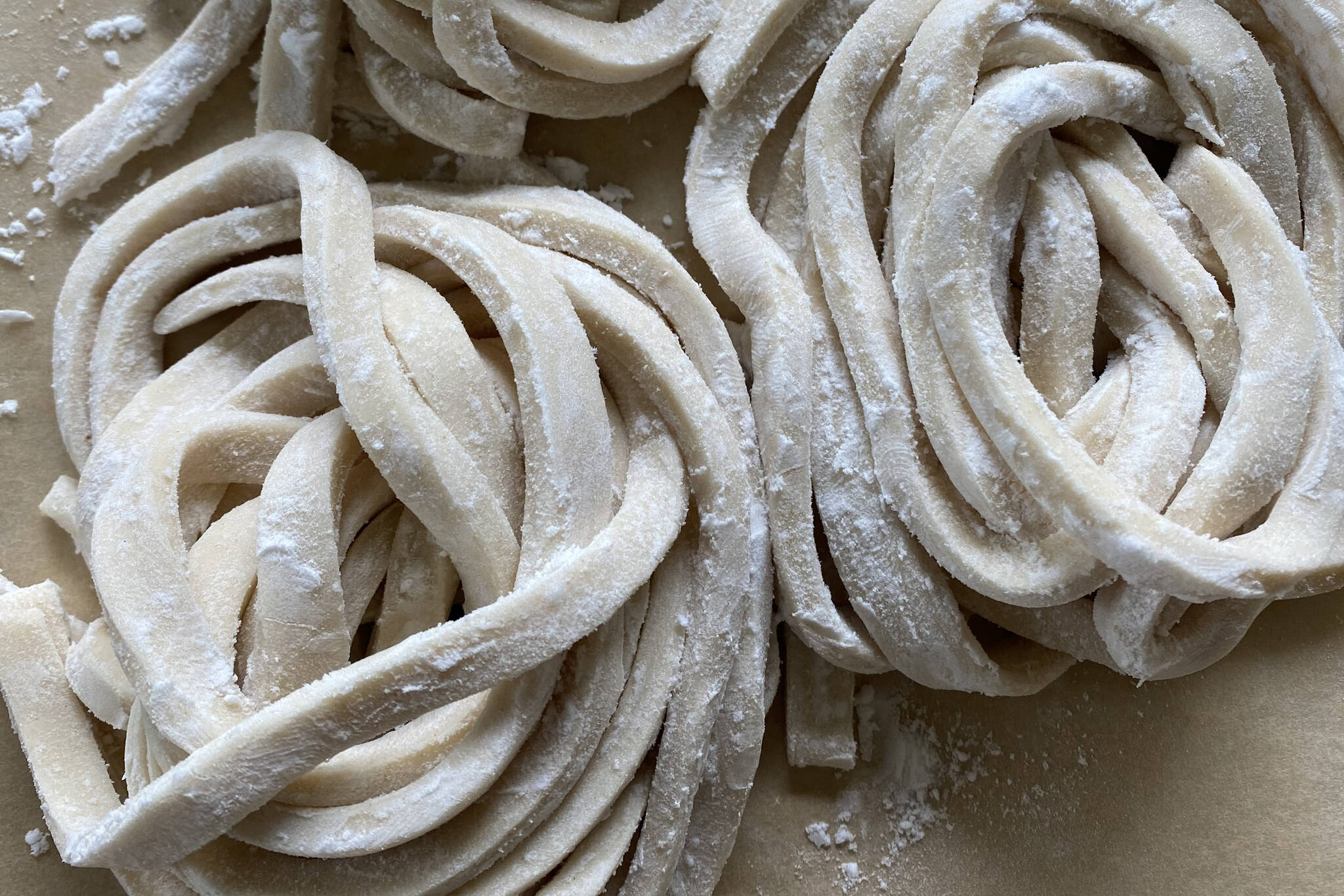 These noodles are made with only three ingredients, but they require a bit of time, patience, and a lot of elbow grease. (Photo by Tressa Dale/Peninsula Clarion)