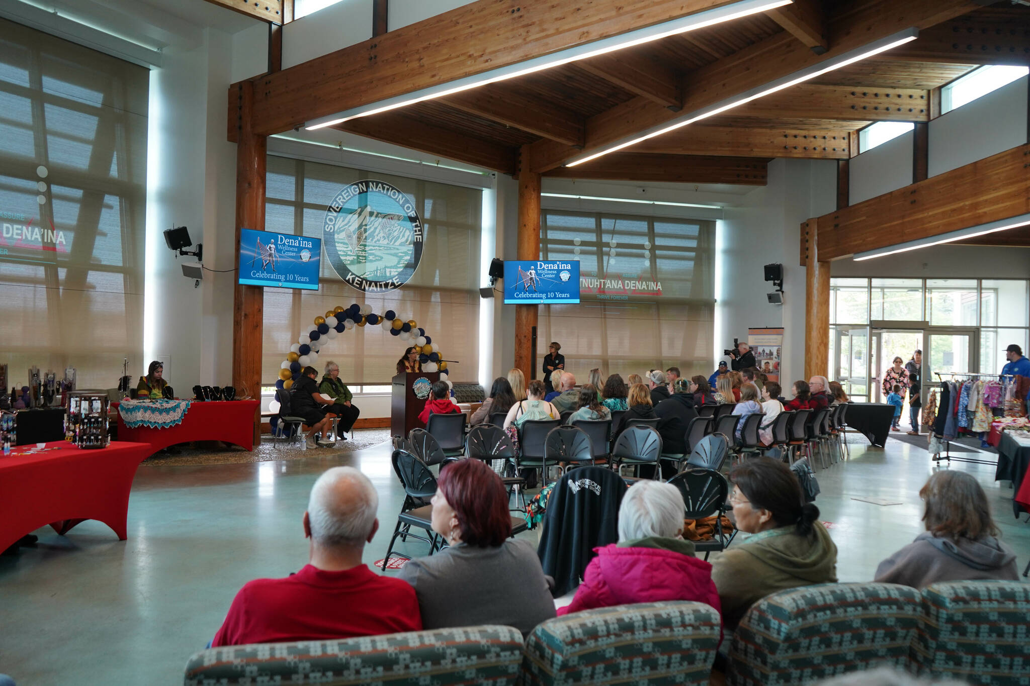Mary Ann Mills, vice chair of the Kenaitze Indian Tribe’s tribal council, speaks during a celebration of the 10th anniversary of the Dena’ina Wellness Center in Kenai, Alaska, on Friday, July 12, 2024. (Jake Dye/Peninsula Clarion)