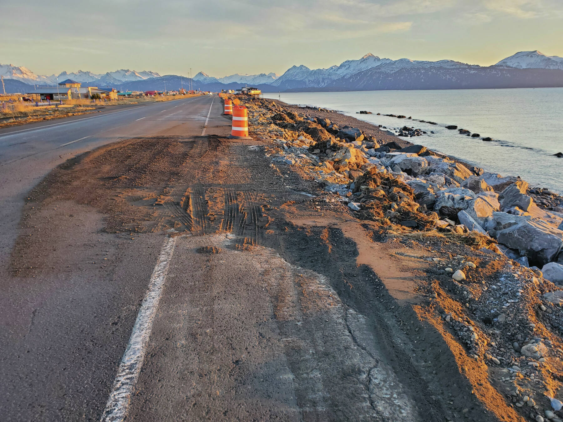 The southbound lane of Homer Spit Road, which was damaged by the Nov. 16 storm surge, is temporarily repaired with gravel and reopened on Thursday, Nov. 21<ins>, 2024, in Homer, Alaska</ins>. (Delcenia Cosman/Homer News)
