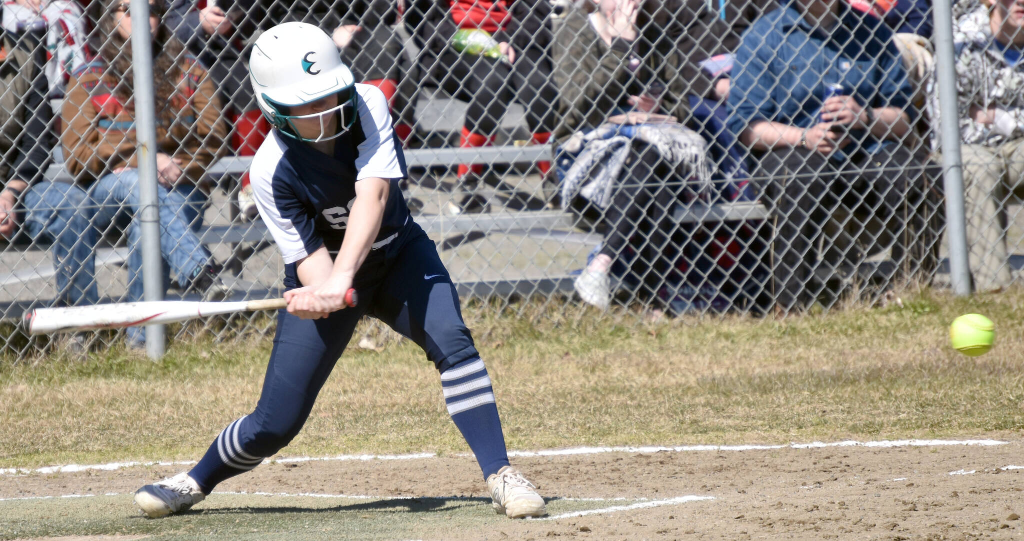 Soldotna’s Tatum Cooper fouls off a pitch against Kenai Central on Wednesday, May 15, 2024, at the Steve Shearer Memorial Ball Park in Kenai, Alaska. (Photo by Jeff Helminiak/Peninsula Clarion)
