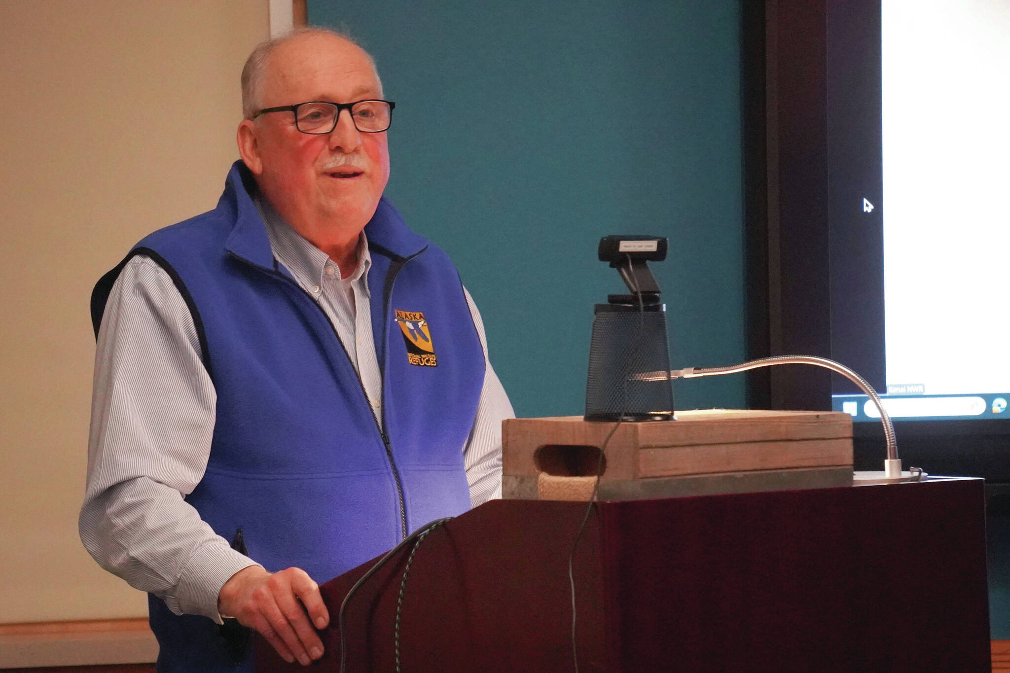Retiring Kenai National Wildlife Refuge Manager Andy Loranger speaks on his career during a retirement event at the Kenai National Wildlife Refuge Visitor Center near Soldotna on Tuesday. (Jake Dye/Peninsula Clarion)