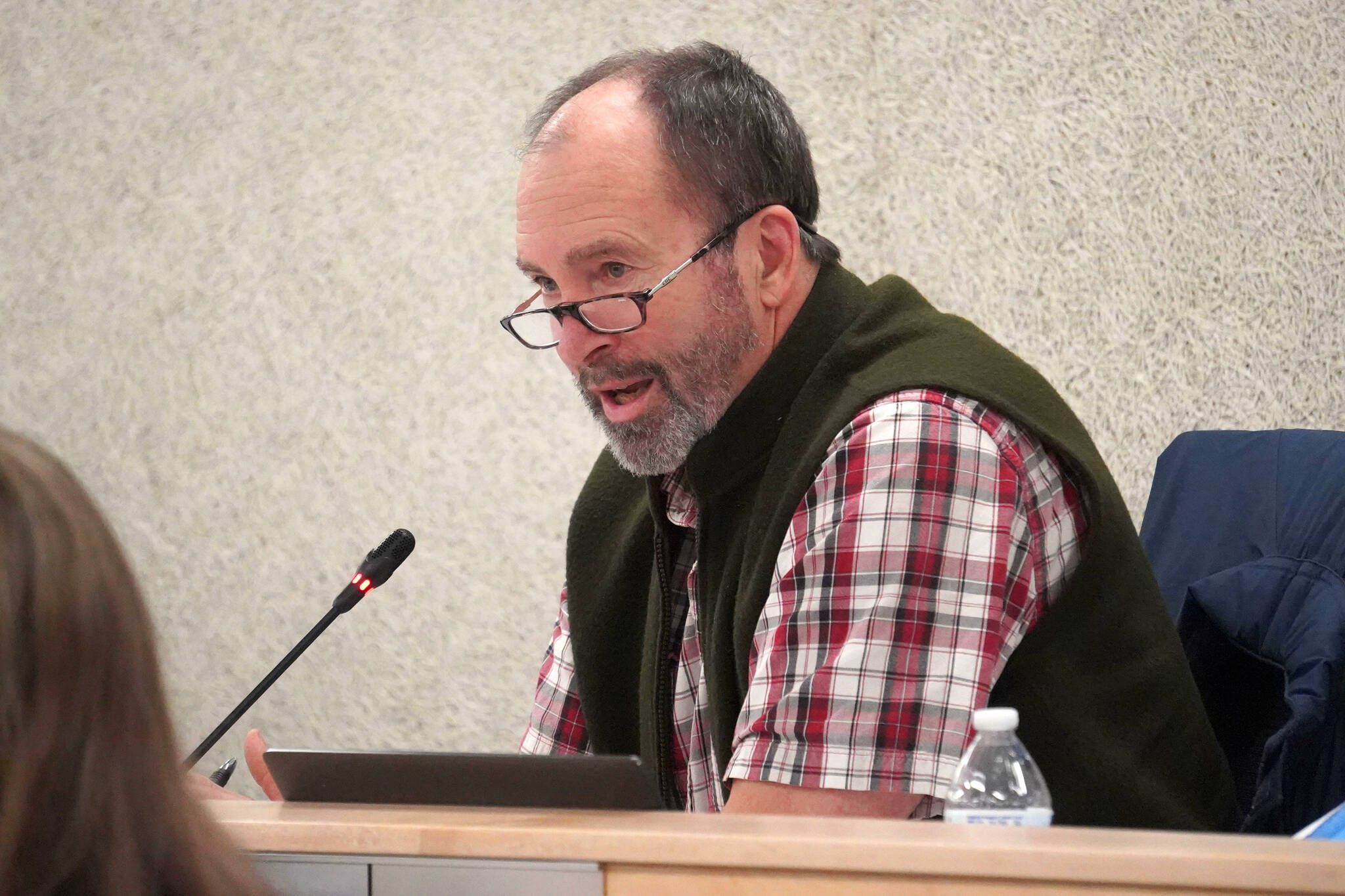 Board member Tim Daugharty speaks during a special meeting of the Kenai Peninsula Borough School District’s Board of Education in Soldotna, Alaska, on Monday, Nov. 18, 2024. (Jake Dye/Peninsula Clarion)