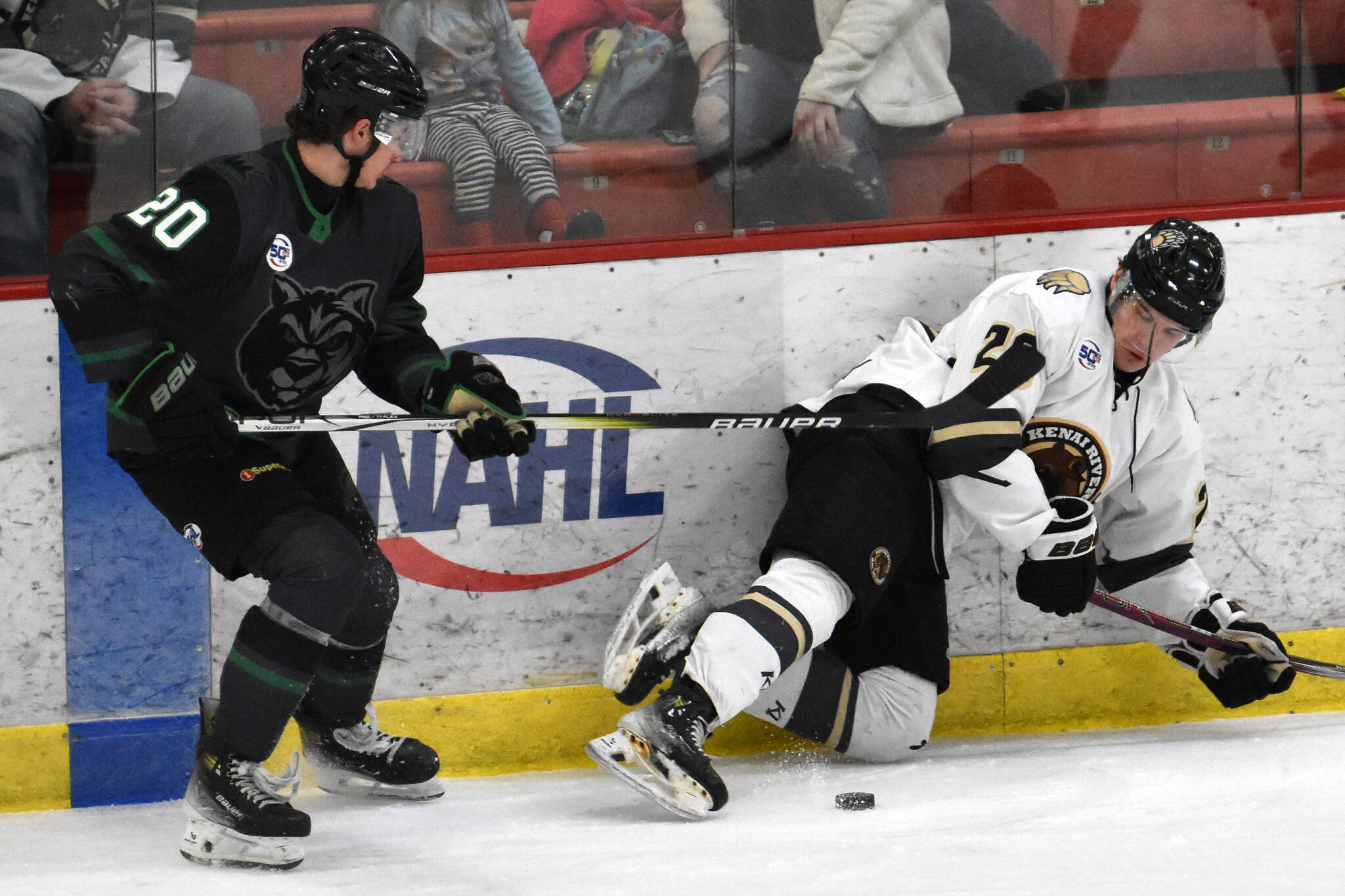 Ryan DeAngelis of the Minnesota Wilderness and Dario Lass of the Kenai River Brown Bears battle for the puck Saturday, Feb. 1, 2025, at the Soldotna Regional Sports Complex in Soldotna, Alaska. (Photo by Jeff Helminiak/Peninsula Clarion)