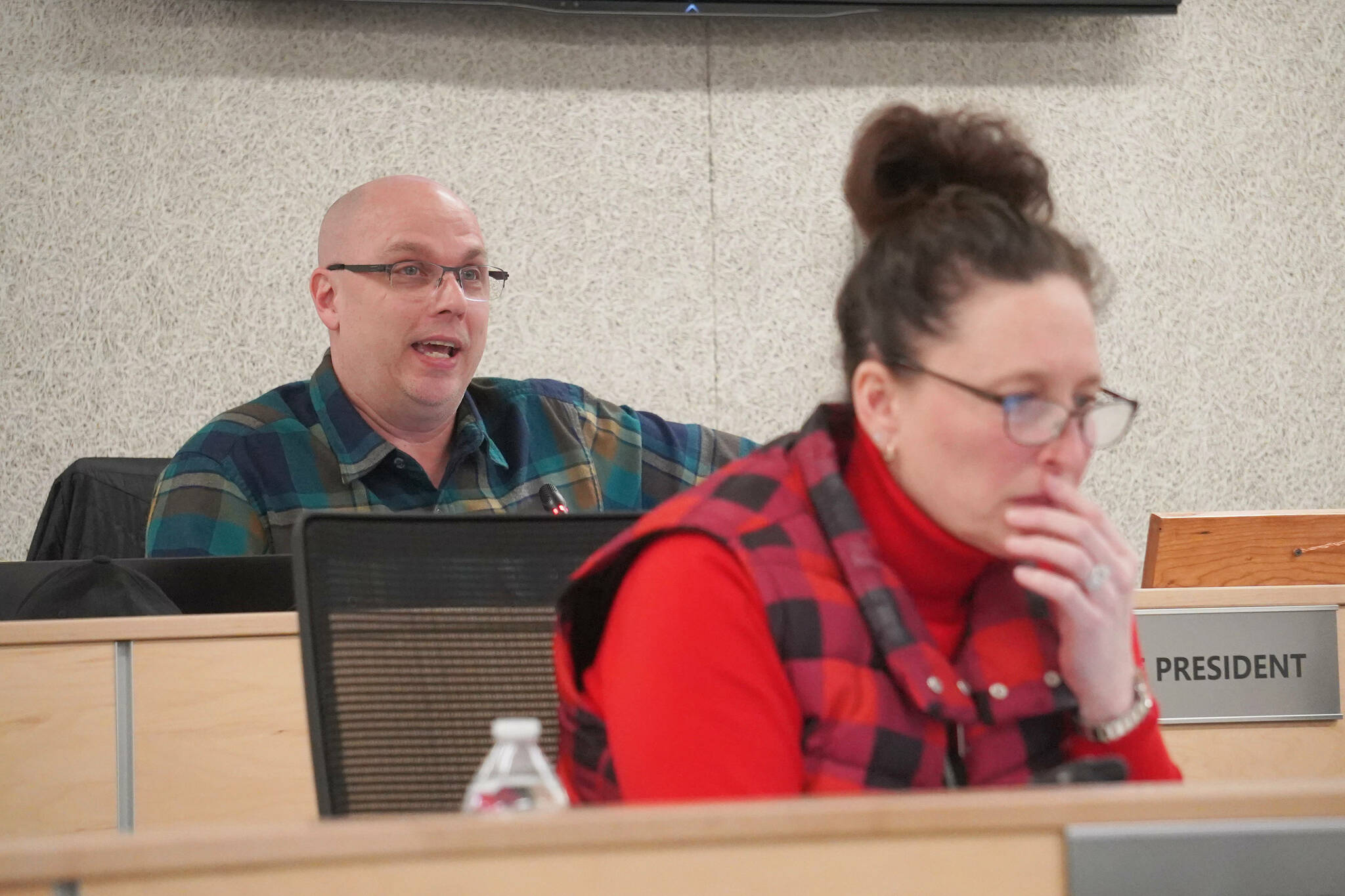 Vice President Jason Tauriainen speaks during a meeting of the Kenai Peninsula Borough School District in Soldotna, Alaska, on Monday, Feb. 3, 2025. (Jake Dye/Peninsula Clarion)