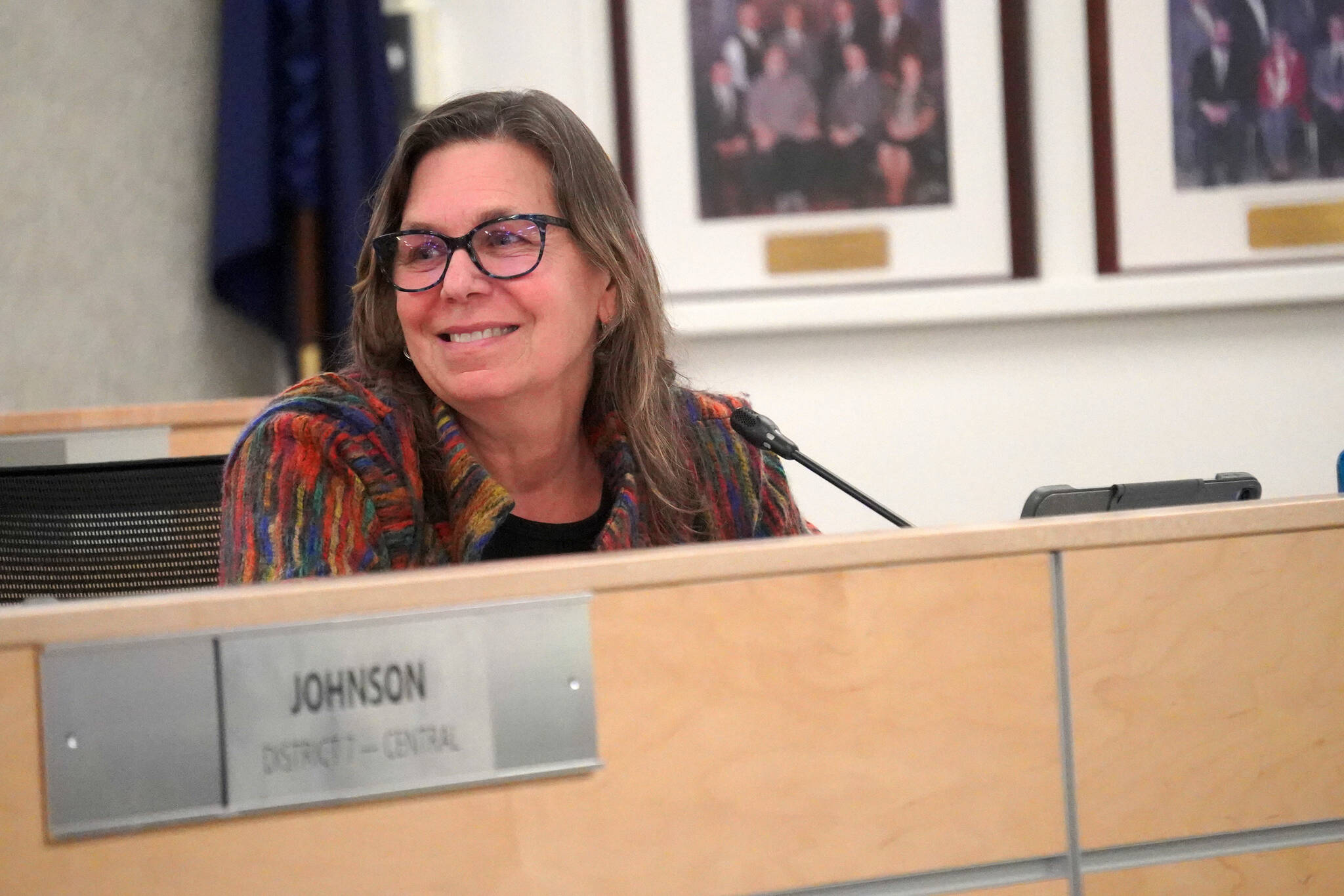 Leslie Morton takes her seat as the new Kenai Peninsula Borough Assembly representative for Sterling and Funny River during an assembly meeting in Soldotna, Alaska, on Tuesday, Feb. 4, 2025. (Jake Dye/Peninsula Clarion)