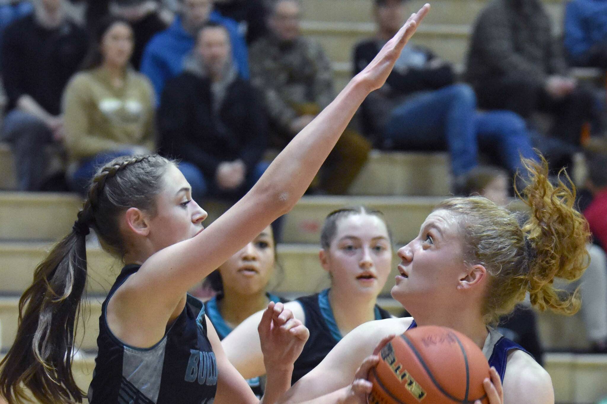 Soldotna's Hope Hillyer drives against Nikiski's Blakeley Jorgensen on Tuesday, February 5, 2025, at Nikiski Middle-High School in Nikiski, Alaska. (Photo by Jeff Helminiak/Peninsula Clarion)