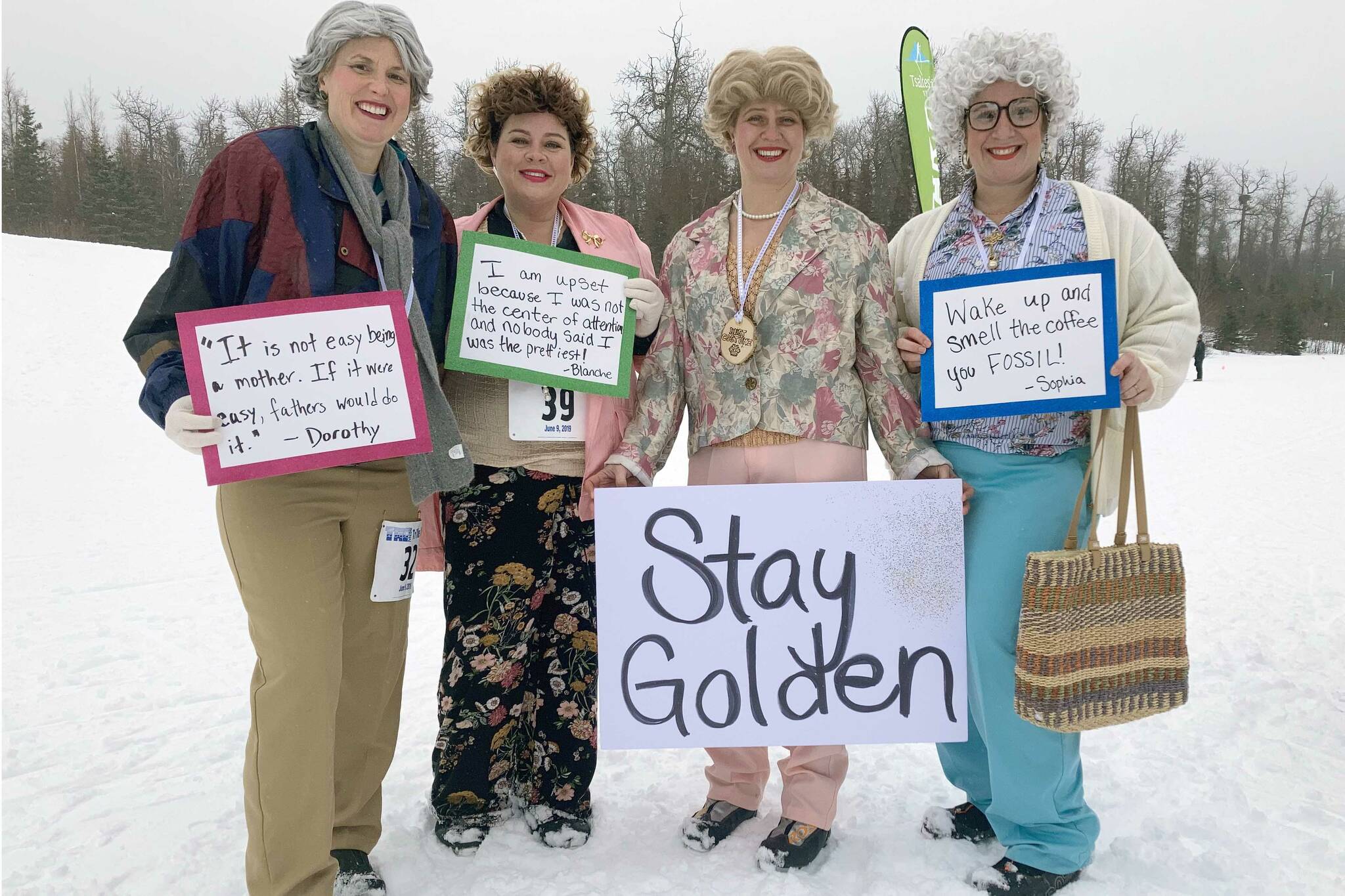 Heather Rinke, RaChelle Gruenberg, Sara Bundy and Becky Hart won best costume for “Golden Girls” at the Ski for Women on Sunday, Feb. 13, 2022, at Tsalteshi Trails just outside of Soldotna, Alaska. (Photo by Jeff Helminiak/Peninsula Clarion)