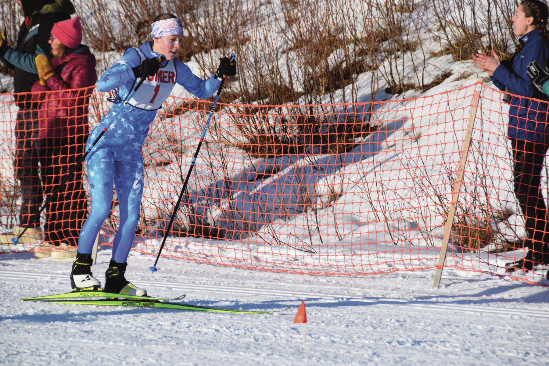 Soldotna’s Tania Boonstra sets out from the start on Saturday, Feb. 8, 2025 at the Lookout Mountain Cross-Country Ski Trails in Homer, Alaska. Boonstra, a junior, earned the title of Skimeister for the third year in a row at this weekend’s regional meet. (Chloe Pleznac/Homer News)