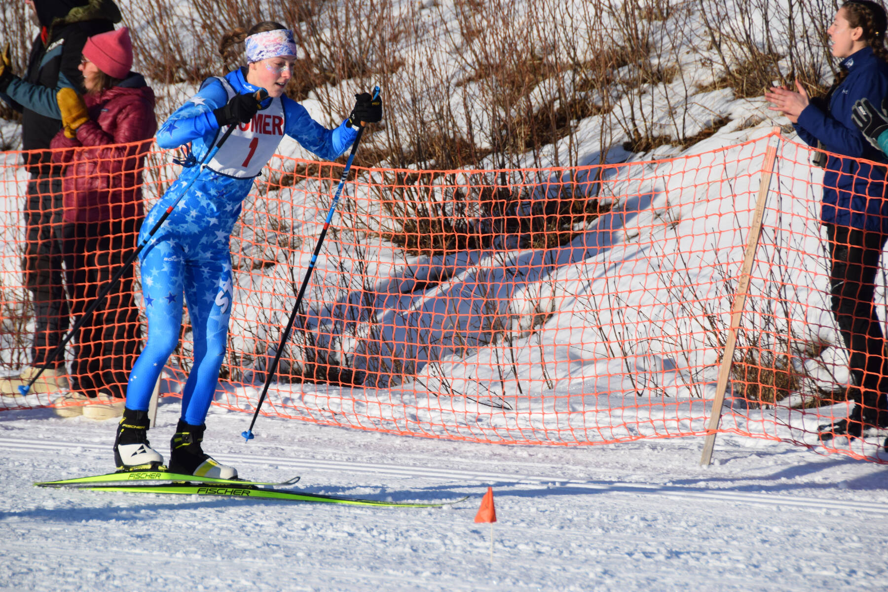 Soldotna’s Tania Boonstra sets out from the start on Saturday, Feb. 8, 2025 at the Lookout Mountain Cross-Country Ski Trails in Homer, Alaska. Boonstra, a junior, earned the title of Skimeister for the third year in a row at this weekend’s regional meet. (Chloe Pleznac/Homer News)