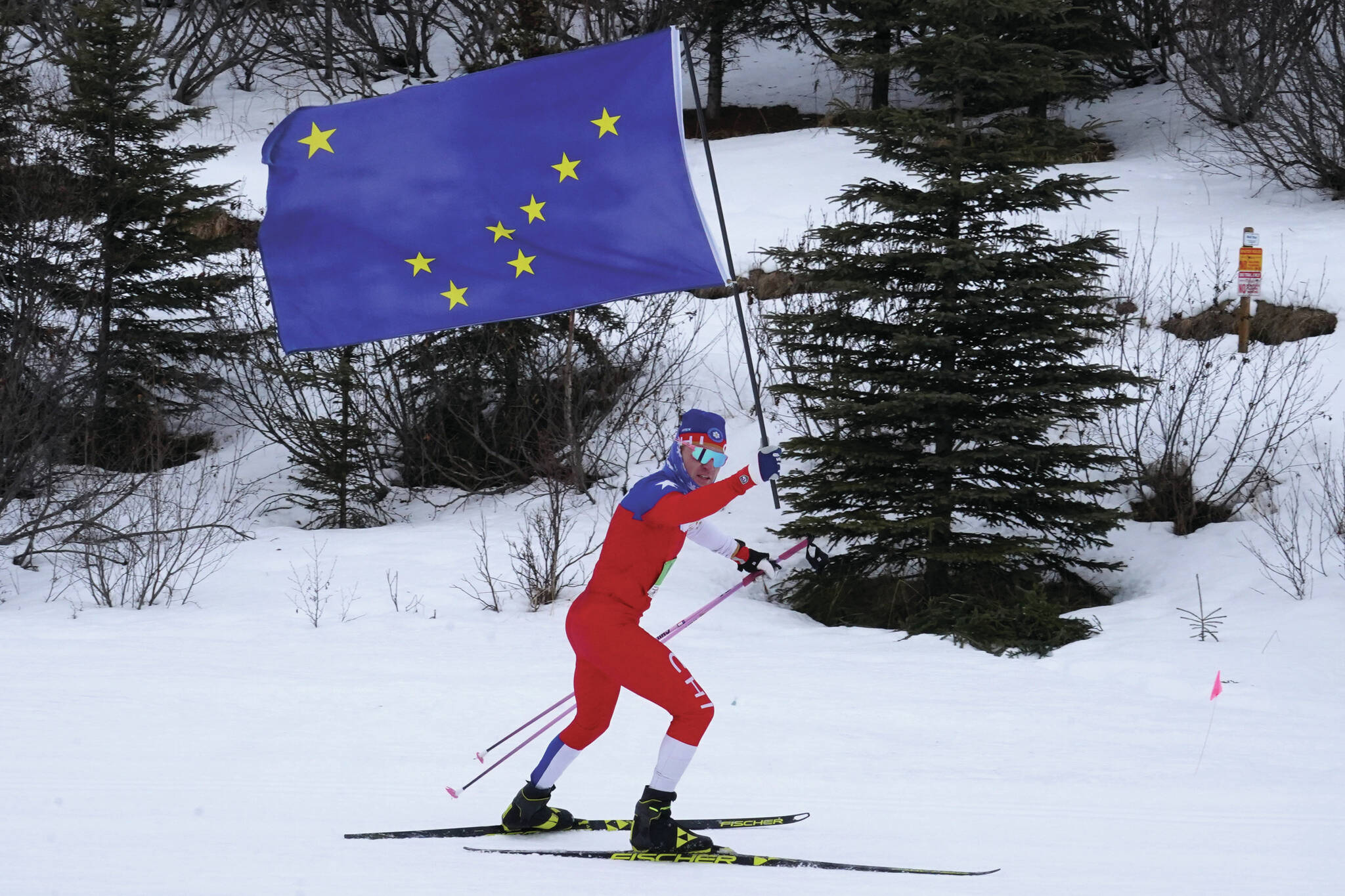 Martin Flores skis into the finish to win the 40-kilometer Double Tour while carrying an Alaska flag during the Tour of Tsalteshi at Tsalteshi Trails near Soldotna, Alaska, on Sunday, Feb. 18, 2024. (Jake Dye/Peninsula Clarion)