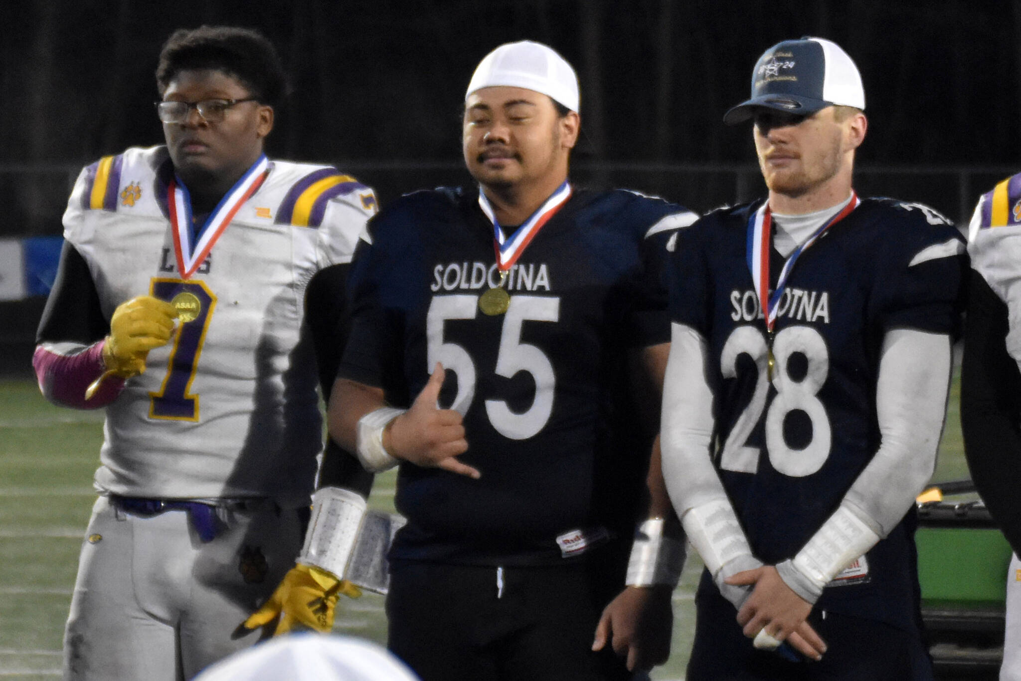 Soldotna’s Kenai Lepule (55) was one of the players of the game at the Division II state championship at Colony High School in Palmer, Alaska, on October 26, 2024. (Photo by Jeff Helminiak/Peninsula Clarion)