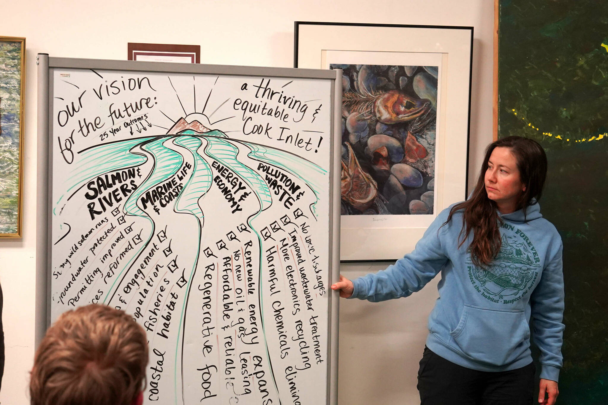 Syverine Bentz, coastal training program coordinator for the Kachemak Bay Research Reserve, displays a board of ideas during a Local Solutions meeting focused on salmon at the Cook Inletkeeper Community Action Studio in Soldotna, Alaska, on Monday, Feb. 10, 2025. (Jake Dye/Peninsula Clarion)