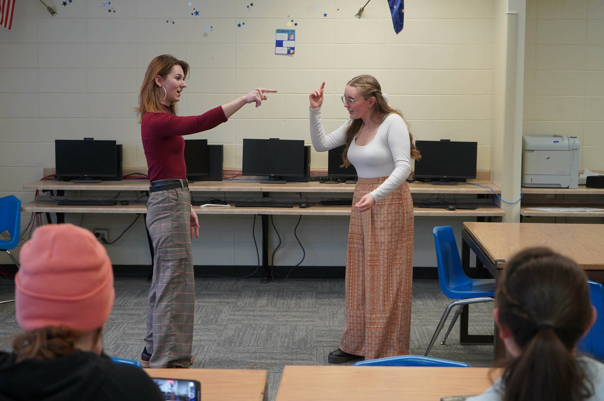 AJ Sorrell and Emerson Kapp perform during the Kenai Peninsula Borough School District Drama, Debate and Forensics Invitational at Soldotna High School on Saturday, Feb. 15, 2025. (Jake Dye/Peninsula Clarion)
