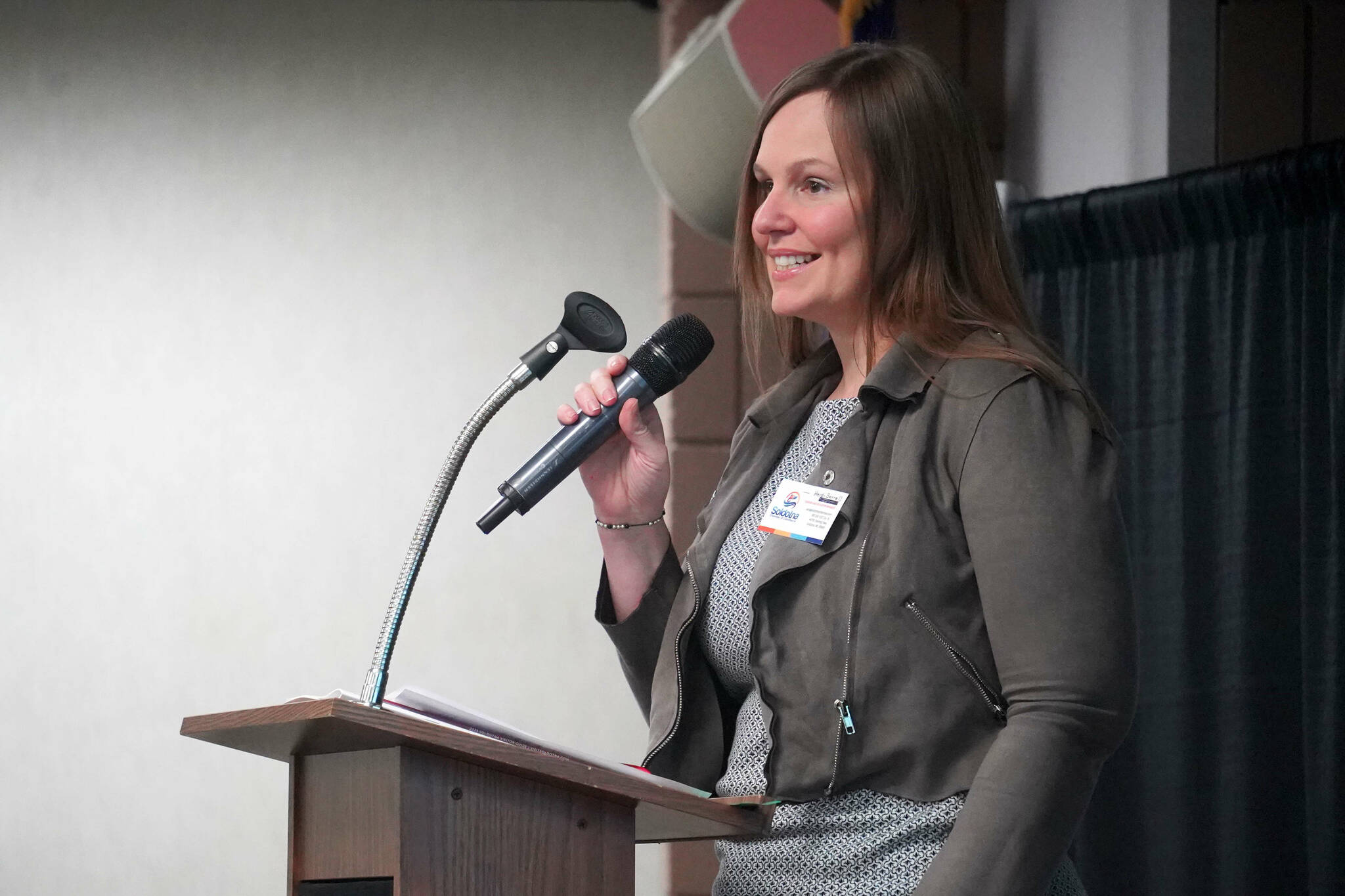 Heidi Sorrell, executive director of the Soldotna Chamber of Commerce, speaks during a chamber luncheon at the Soldotna Regional Sports Complex in Soldotna, Alaska, on Wednesday, Feb. 26, 2025. (Jake Dye/Peninsula Clarion)