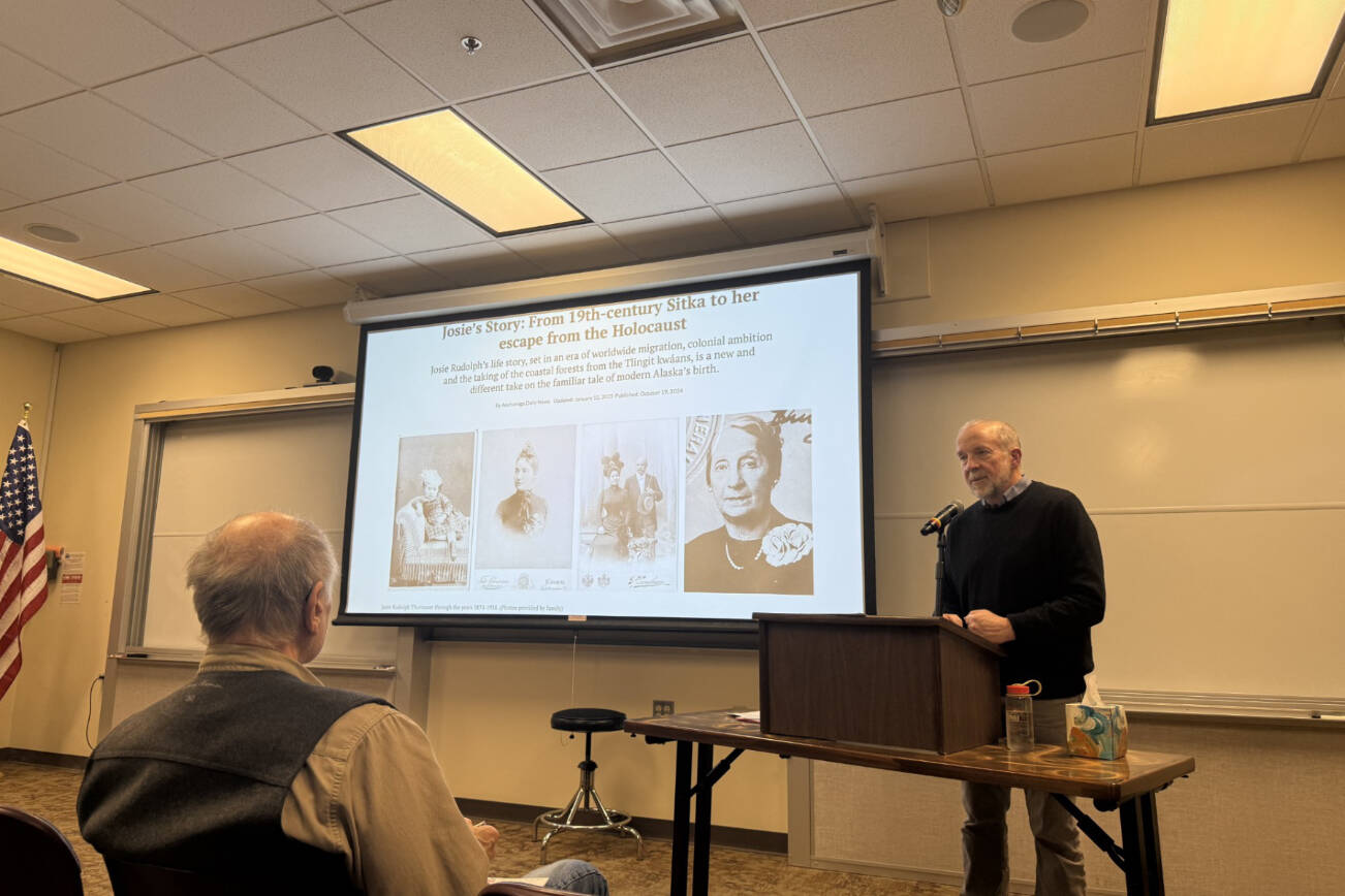 Writer Tom Kizzia shares his latest story with community members during his presentation on Thursday, Feb. 20 at Kachemak Bay Campus in Homer, Alaska. (Chloe Pleznac/Homer News)