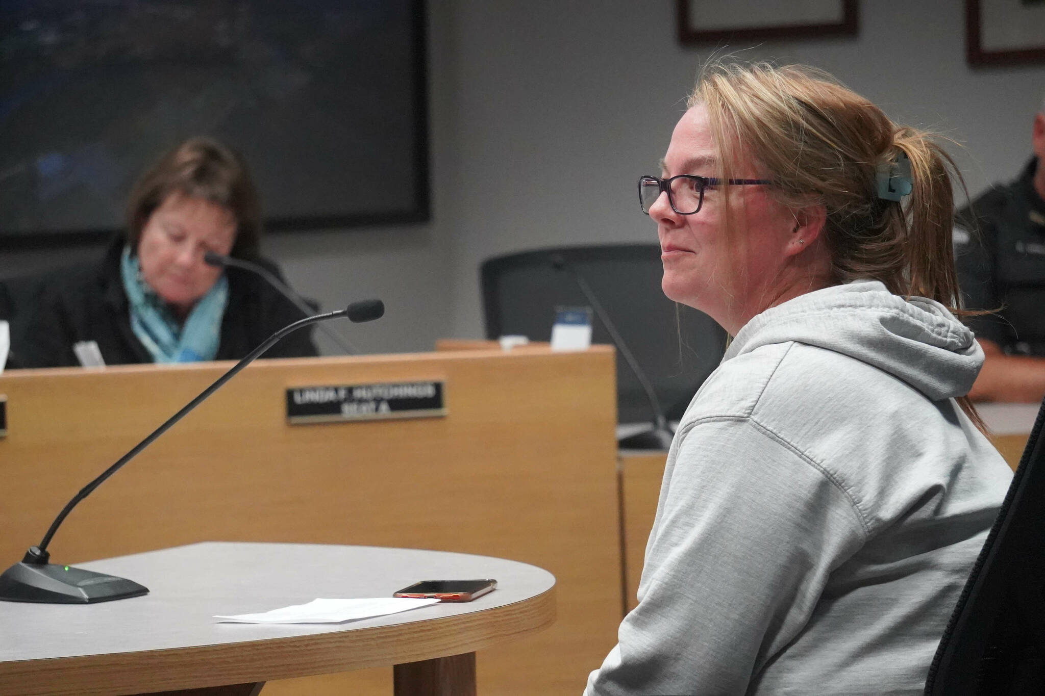 Kimberly Powell, coach of the Soldotna High School soccer team, speaks during a meeting of the Soldotna City Council in Soldotna, Alaska, on Wednesday, Feb. 26, 2025. (Jake Dye/Peninsula Clarion)