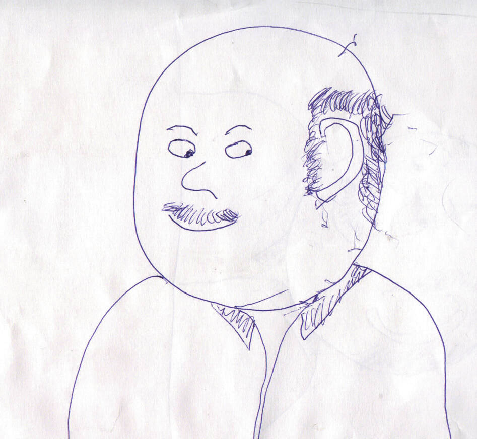 Photo courtesy of the Huebsch Family Collection
After a fishing accident in 1967 cost Clarence Hiram “Poopdeck” Platt three fingers on one hand, he set about learning to write with the thumb and index finger he had left. He drew circles at first and then, as he improved his coordination with the pen, he began creating self-portraits like this.