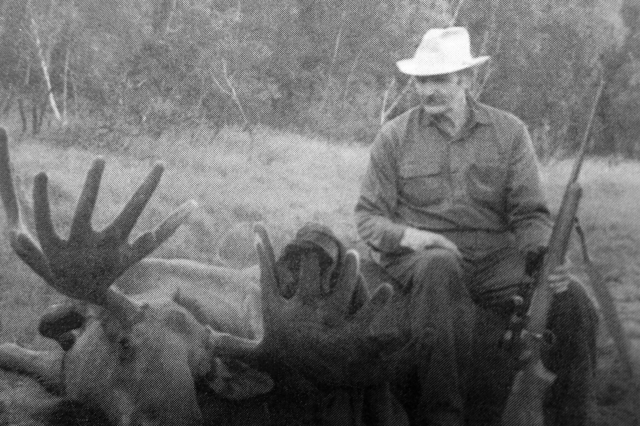 Clarence Hiram “Poopdeck” Platt sits atop a recent moose kill. (Photo from In Those Days: Alaska Pioneers of the Lower Kenai Peninsula, Vol. II)