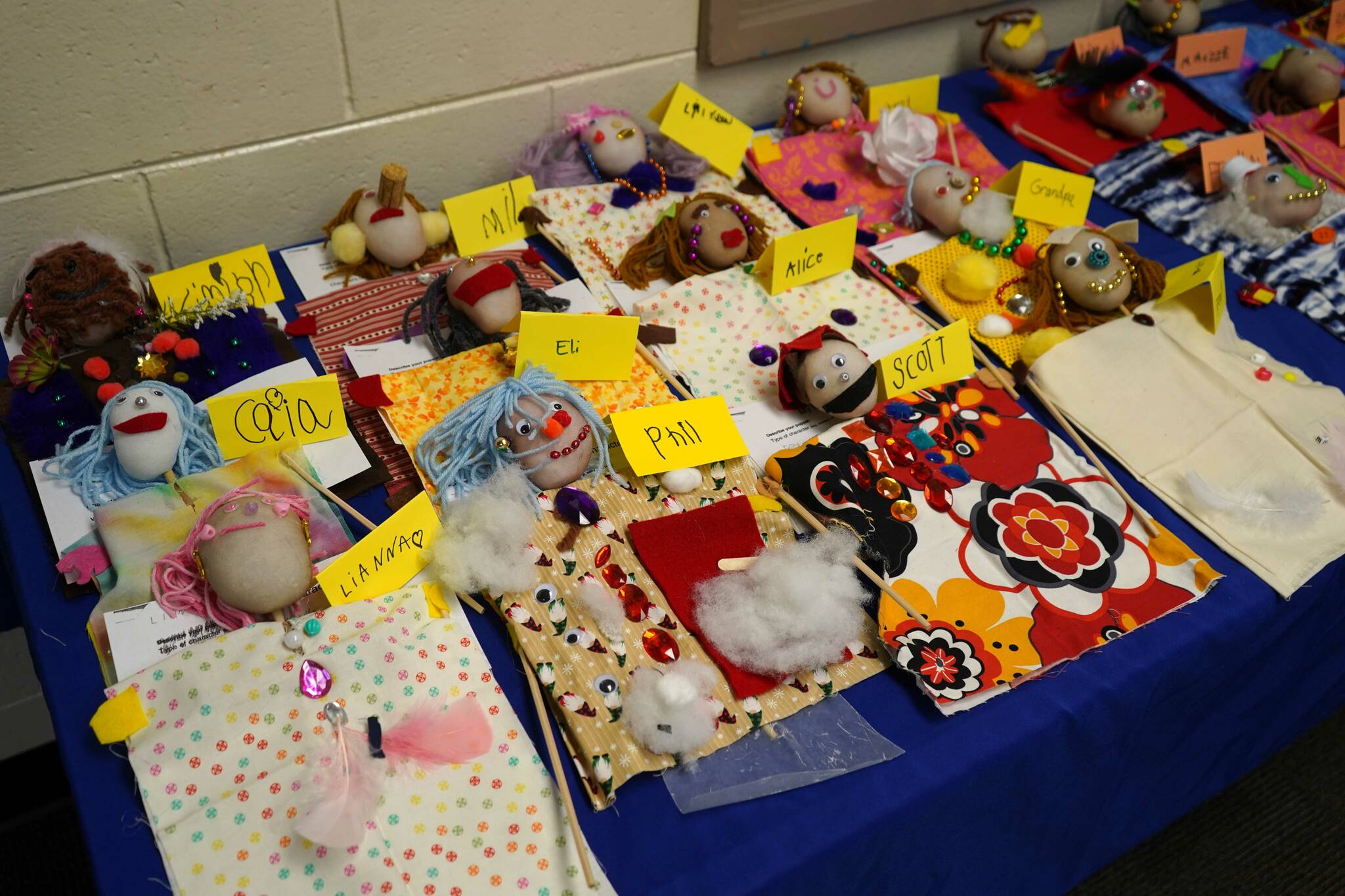 Puppets created by students are displayed during a family art night hosted by artist in residence Shala Dobson at Kaleidoscope School of Arts and Science in Kenai, Alaska, on Thursday, Feb. 27, 2025. (Jake Dye/Peninsula Clarion)